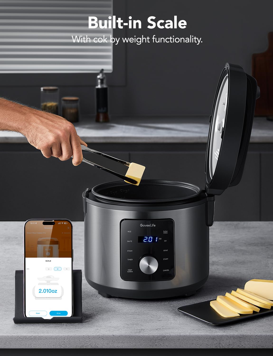 GoveeLife 6-in-1 Smart Rice Cooker & Multi-Cooker - 1000W 10-Cup (5.2Qt) Slow Cooker, Yogurt Maker, Steamer & Food Warmer with App Control & 33 Recipes - Perfect for Meal Prep, Family Dinners & Healthy Cooking