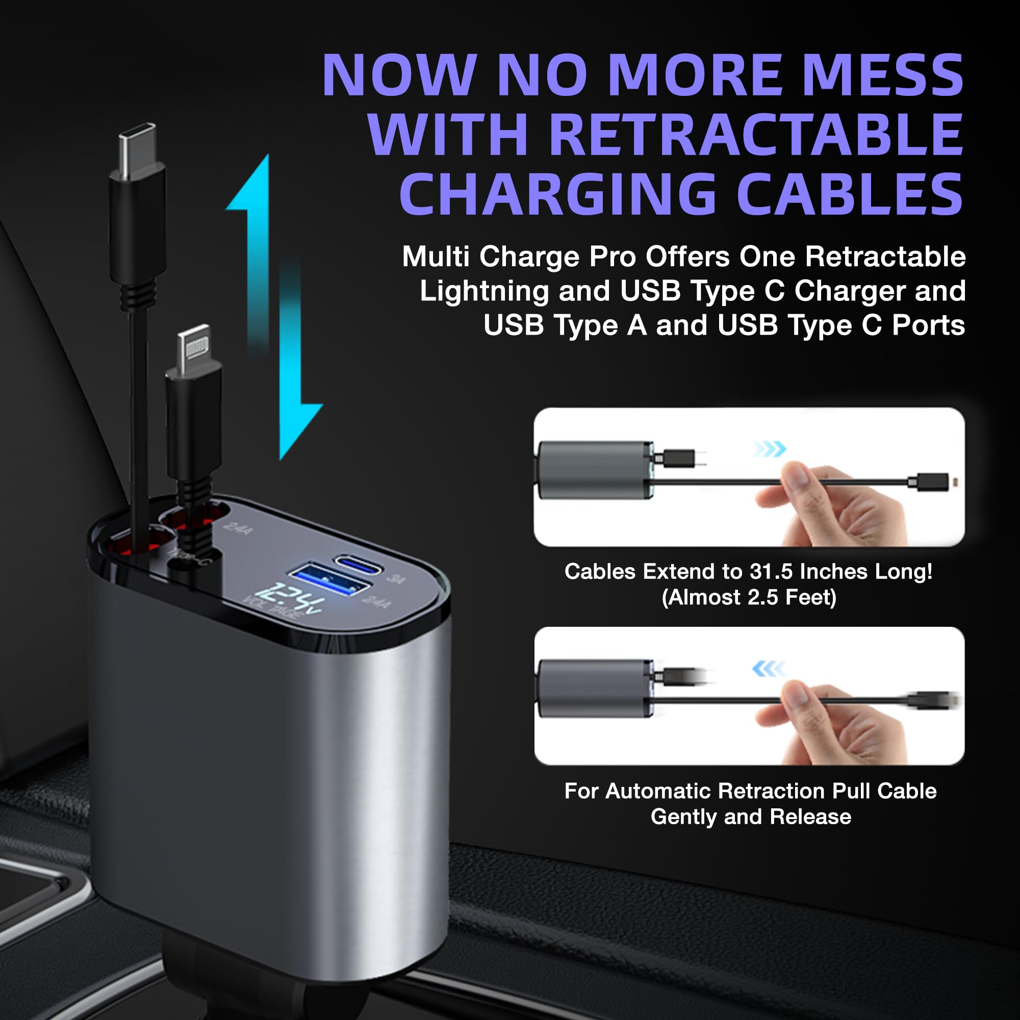 120W Multi Charge Pro Retractable Car Charger - 4-Port USB-C/USB-A Fast Charging for iPhone, Samsung, Tablets | Perfect for Road Trips & Daily Commute