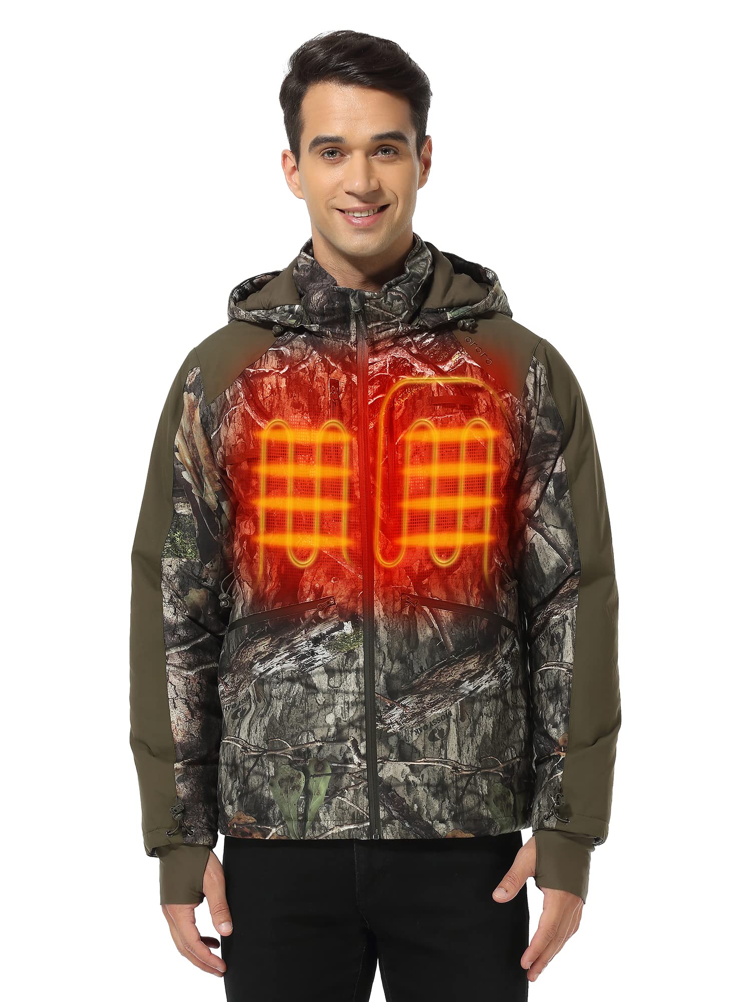 ORORO Men's Waterproof Heated Hunting Jacket with Rechargeable Battery - Camo Winter Jacket with Detachable Hood for Outdoor Hunting, Camping & Cold Weather Activities