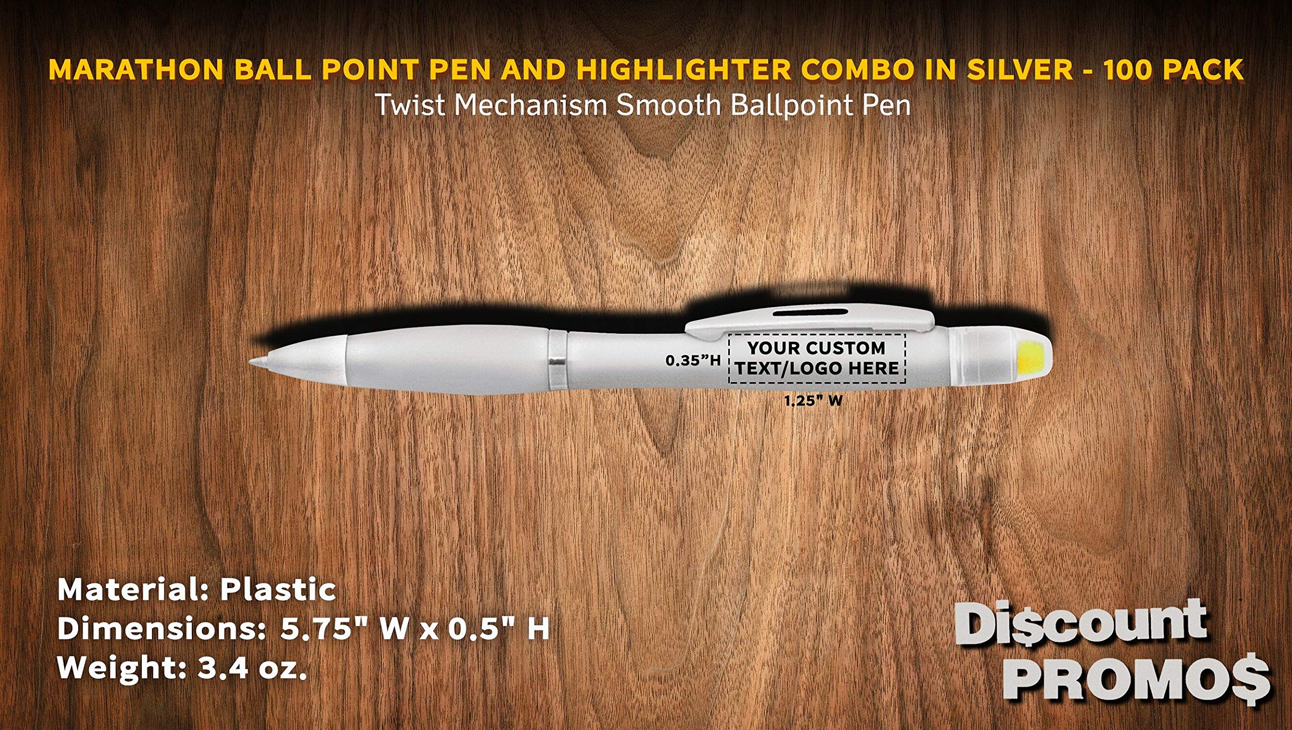 100 Pack Marathon Gel Highlighter Pens - Customizable Text & Logo - Twist Mechanism Ballpoint Pens - Silver - Perfect for Office, School, Study & Note Taking