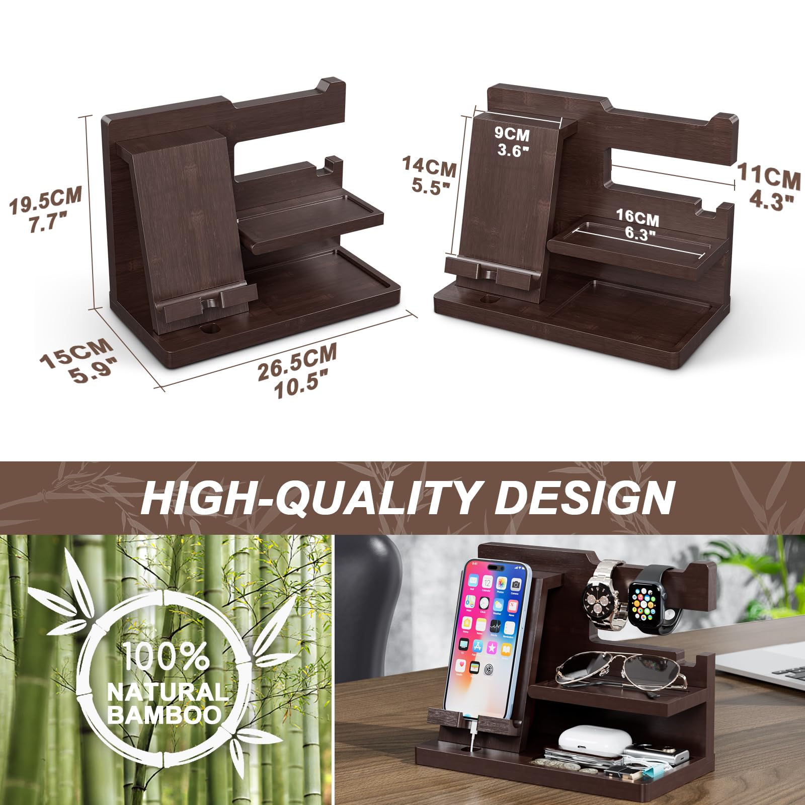 Yirilan Wooden Phone Docking Station & Nightstand Organizer - Perfect Birthday Gift for Men, Dad, Boyfriend, Grandpa - Great for Anniversary, Christmas, Graduation - Travel Gadget & Home Office Accessory - Brown
