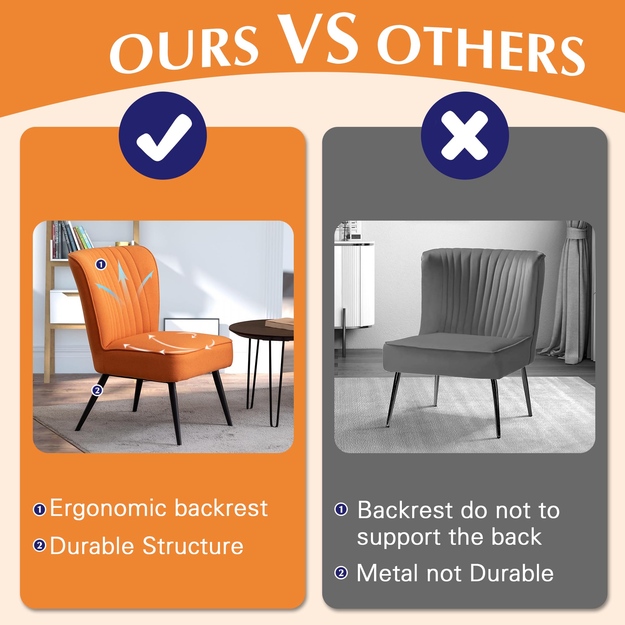Alunaune Orange Accent Chair Set of 2 - Modern Upholstered Living Room & Bedroom Armless Slipper Chairs - Comfy Wingback Sofa for Guest Reception, Lounge, and Reading Nook