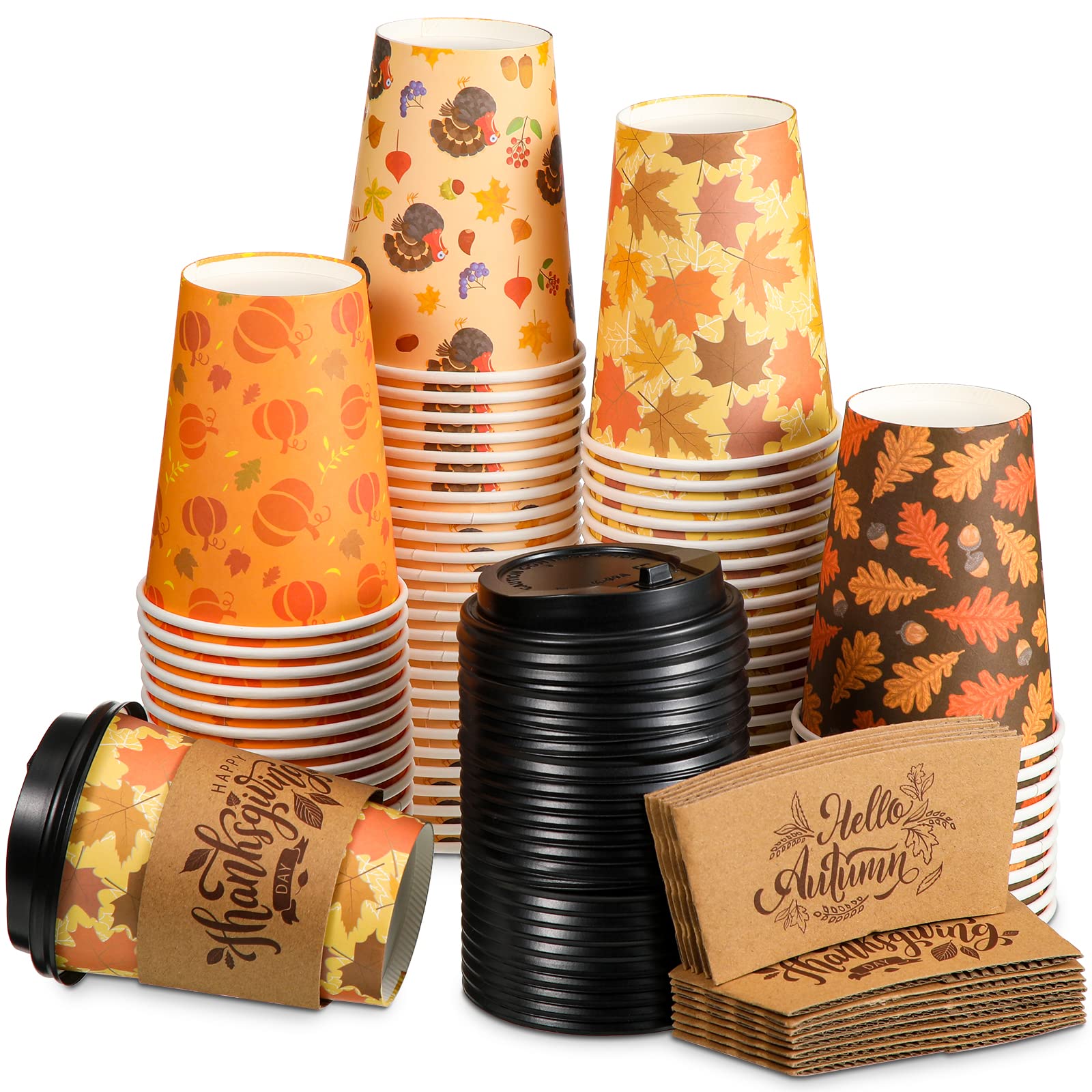 Yungyan 100-Pack 12oz Disposable Paper Coffee Cups with Dome Lids & Sleeves - Insulated Fall/Thanksgiving Cups for Hot & Cold Drinks - Perfect for Autumn Parties, Thanksgiving Dinner, and Holiday Gatherings