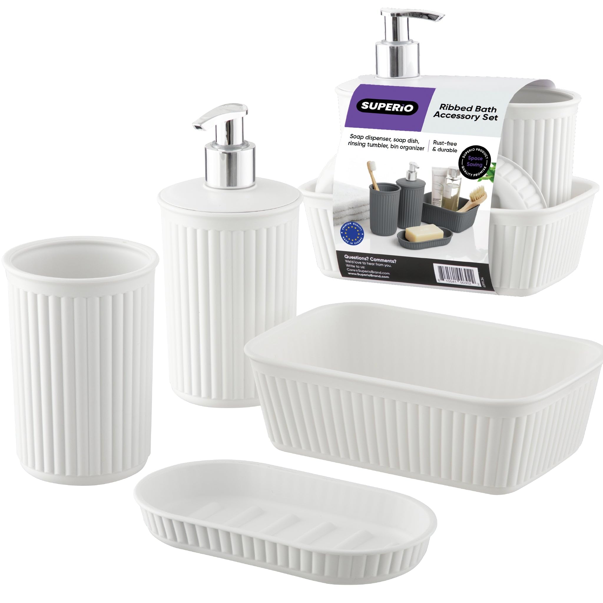 Superio Ribbed Collection - 4-Piece White Smoke Plastic Bathroom Accessories Set with Soap Dish, Liquid Dispenser, Toothbrush Holder & Vanity Tray - Modern Bathroom Decor for Home, Apartment or Guest Bathroom Organization