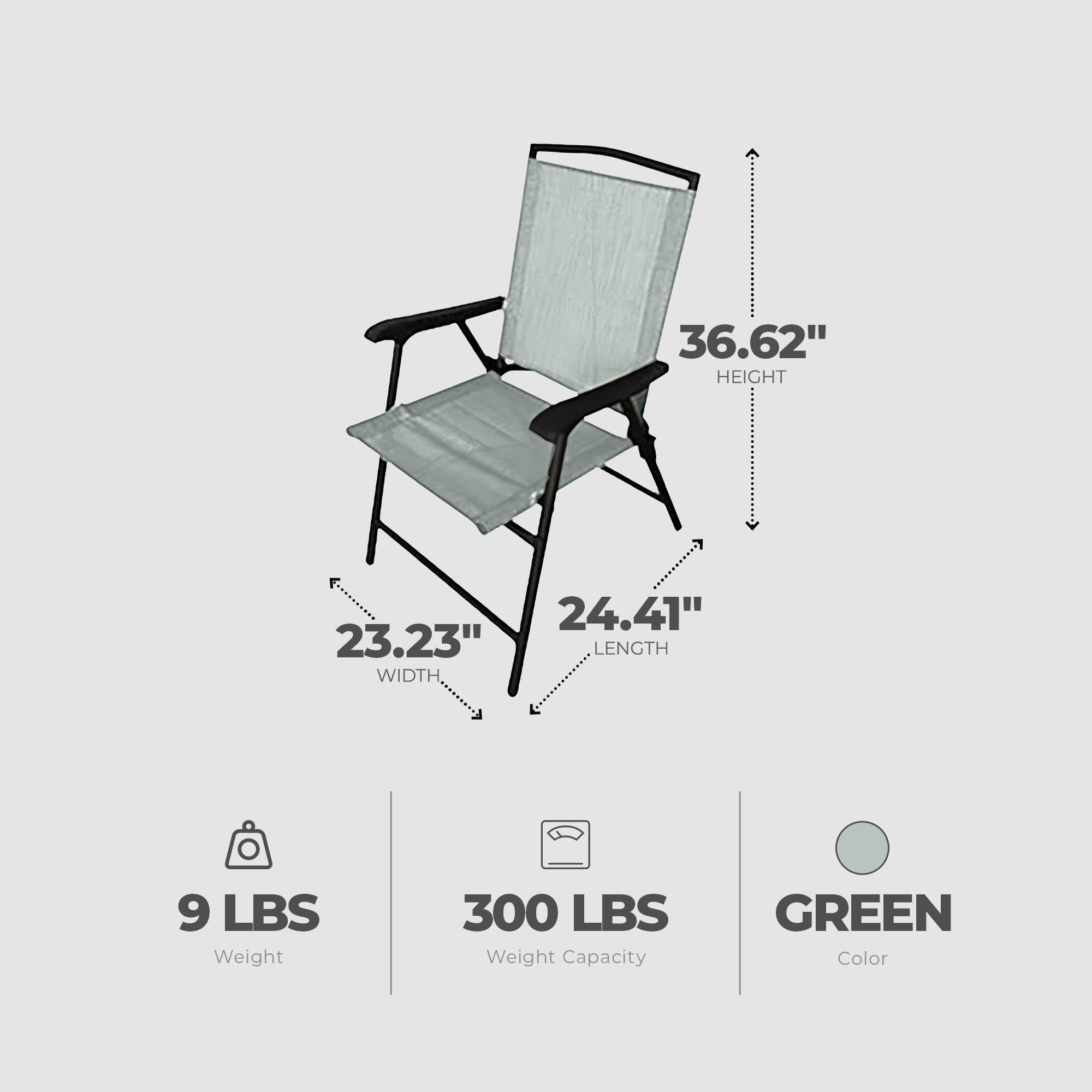 Foldable Outdoor Patio Chairs with Steel Frame & Sling Fabric - 4 Pack Green Armchairs for Backyard, Poolside, Garden & Deck Relaxation
