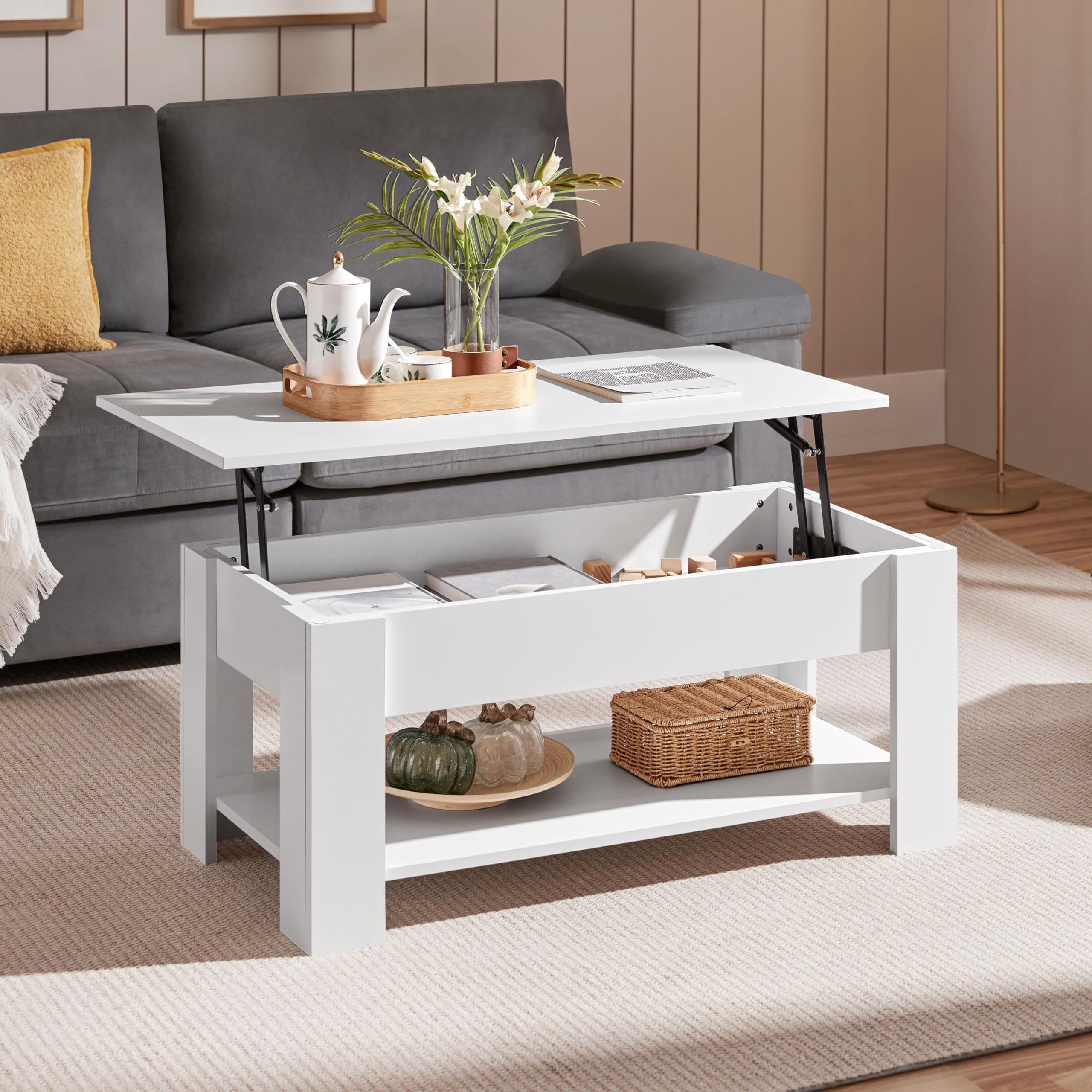 Topeakmart Adjustable Lift Top Coffee Table with Hidden Storage Compartment and Shelf - Modern White Lift-Top Dining Table for Living Room, Office, Reception - Perfect for Small Spaces, Entertaining, and Home Organization