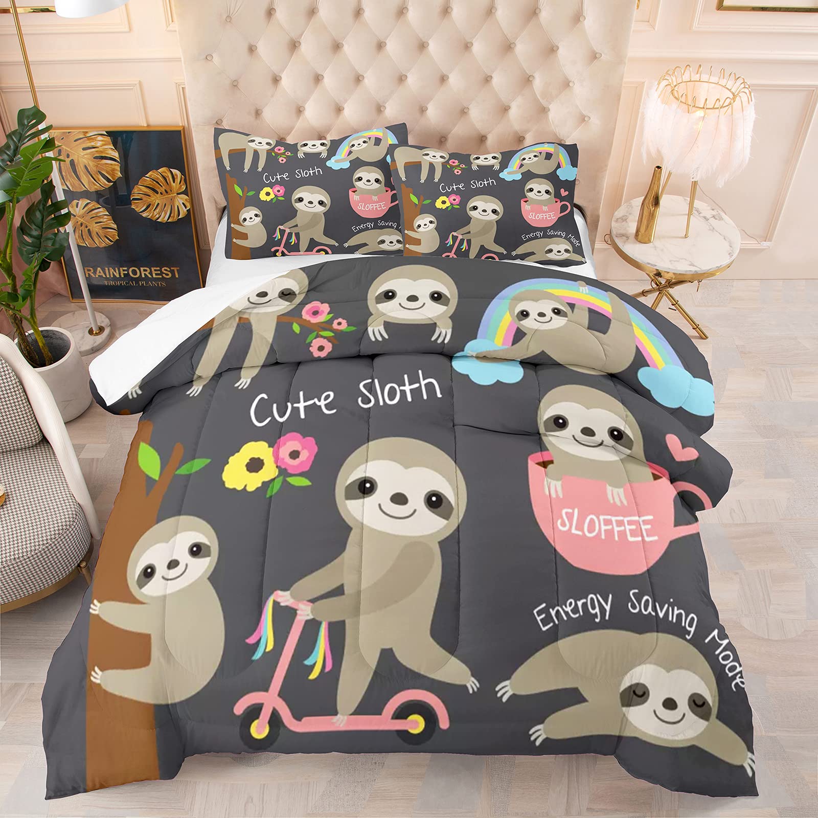 Cute Sloth Bedding Set Twin Size for Teen Kids & Girls - 3-Piece Comforter Set with 1 Comforter & 1 Pillowcase - Soft Printed Bedding for Cozy Bedroom Decor