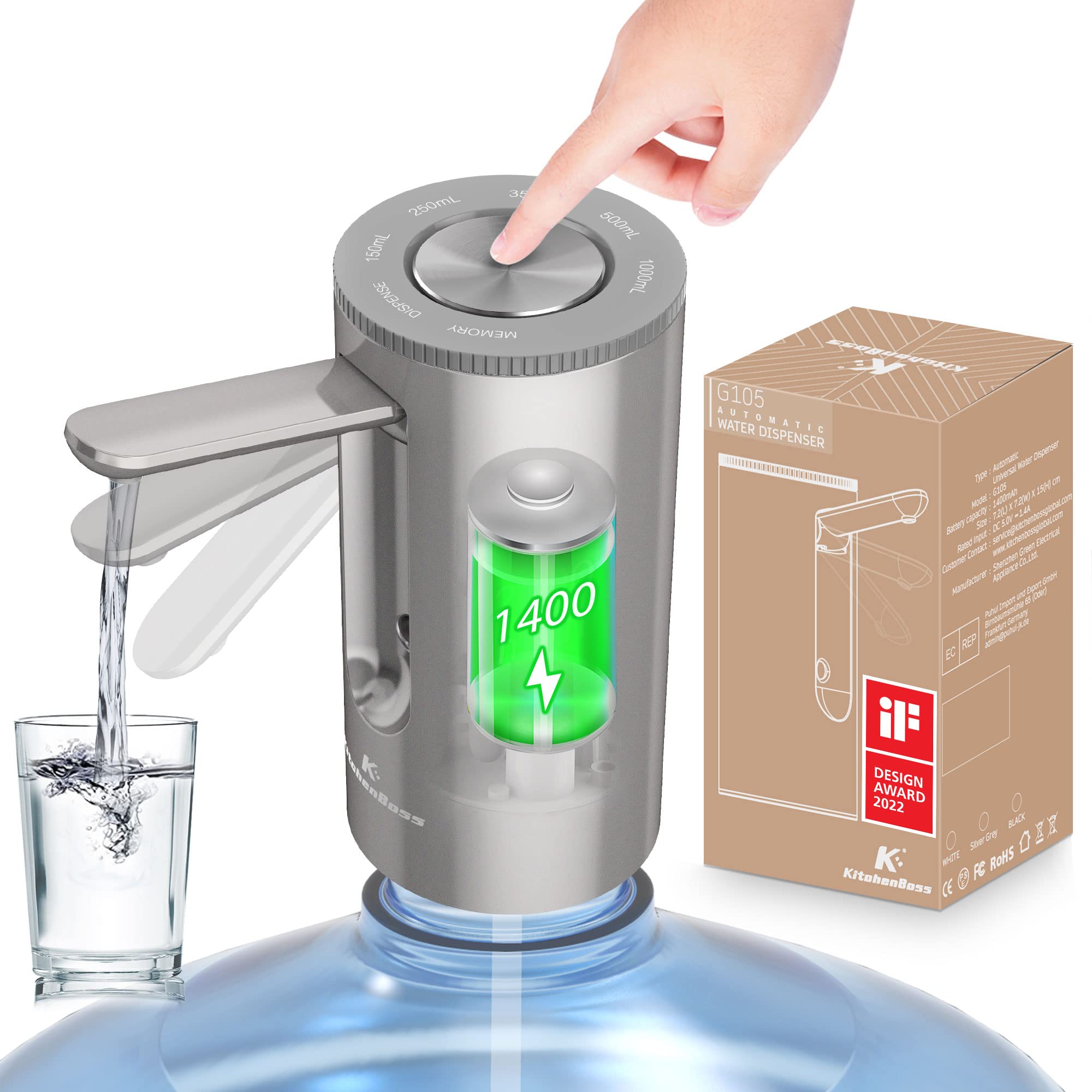 Universal 5-Gallon Water Bottle Pump Dispenser - Electric USB Charging, Foldable & Portable for Home, Office, Camping - KitchenBoss Automatic Drinking Water Switch (Silver) - Perfect for Kitchen Counter, RV Trips, and Outdoor Adventures