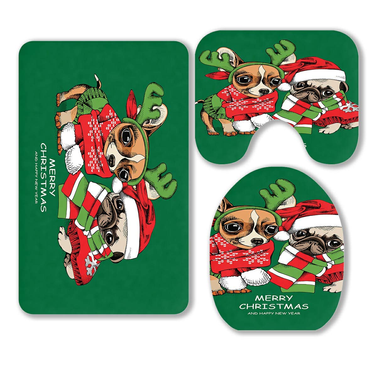 ECZJNT Chihuahua Puppy Christmas Costume 3-Piece Bathroom Rug Set - Santa Hat Bath Mat, Contour Rug & Toilet Lid Cover for Holiday Pet Decor & Cozy Bathroom Upgrade