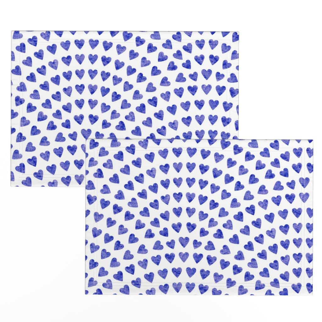 Linen Cotton Canvas Placemats Set of 2 - Blue Watercolor Heart Love Design for Valentine's Day Dining | Spoonflower Printed Table Decor for Romantic Dinners & Special Occasions