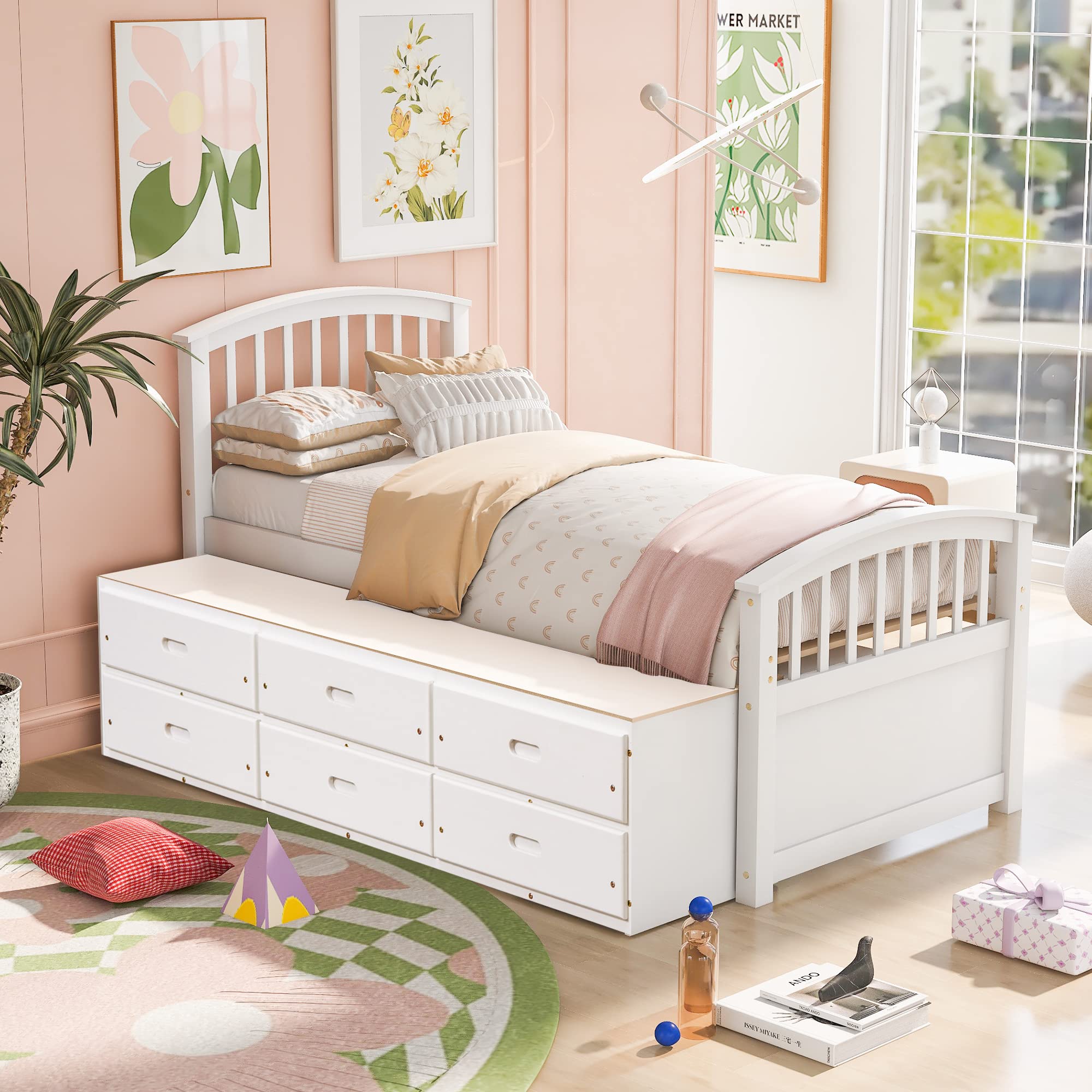 SOFTSEA Twin Size Wooden Bed Frame with 6 Storage Drawers - Platform Bed with Headboard & Footboard for Kids Bedroom - No Box Spring Needed - White - Perfect for Small Spaces & Guest Rooms