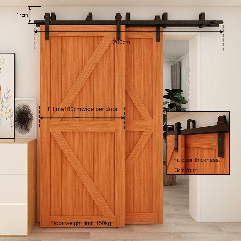 15FT Bypass Sliding Barn Door Hardware Kit for Double Wooden Doors - Smooth & Quiet J-Shape Hanger - Easy Installation - Perfect for Home Offices, Bedrooms, and Rustic Interior Design