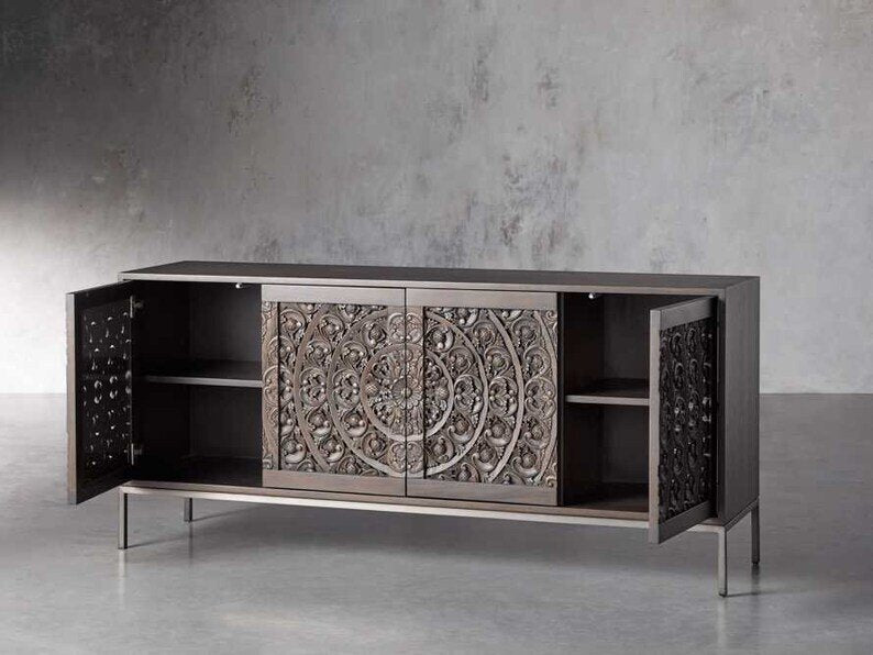 Hand Carved Mandala Media Unit - Solid Wood TV Stand with Storage | Modern Wooden Credenza for Living Room | Perfect for Home Theater & Entertainment Center