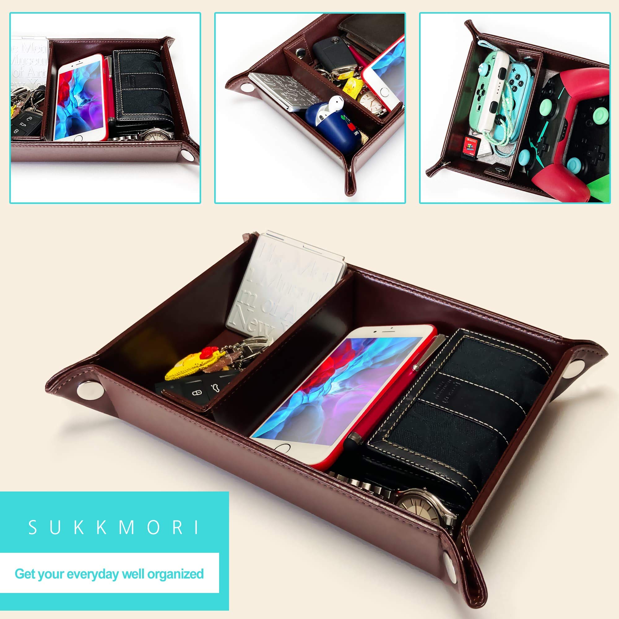 Premium PU Leather Nightstand Valet Organizer - Jewelry & Accessories Tray for Men & Women | Dresser Top Catchall for Keys, Wallet, Watch | Bedside Station & Desk Organizer for Home & Office Use