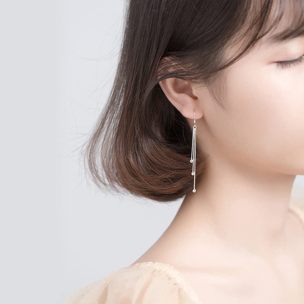 Elegant S925 Sterling Silver Tiny Beaded Ball Threader Tassel Drop Earrings for Women | Lightweight Hypoallergenic Dangle Earrings | Perfect Gift for Best Friend, Birthday Party, Wedding & Everyday Wear