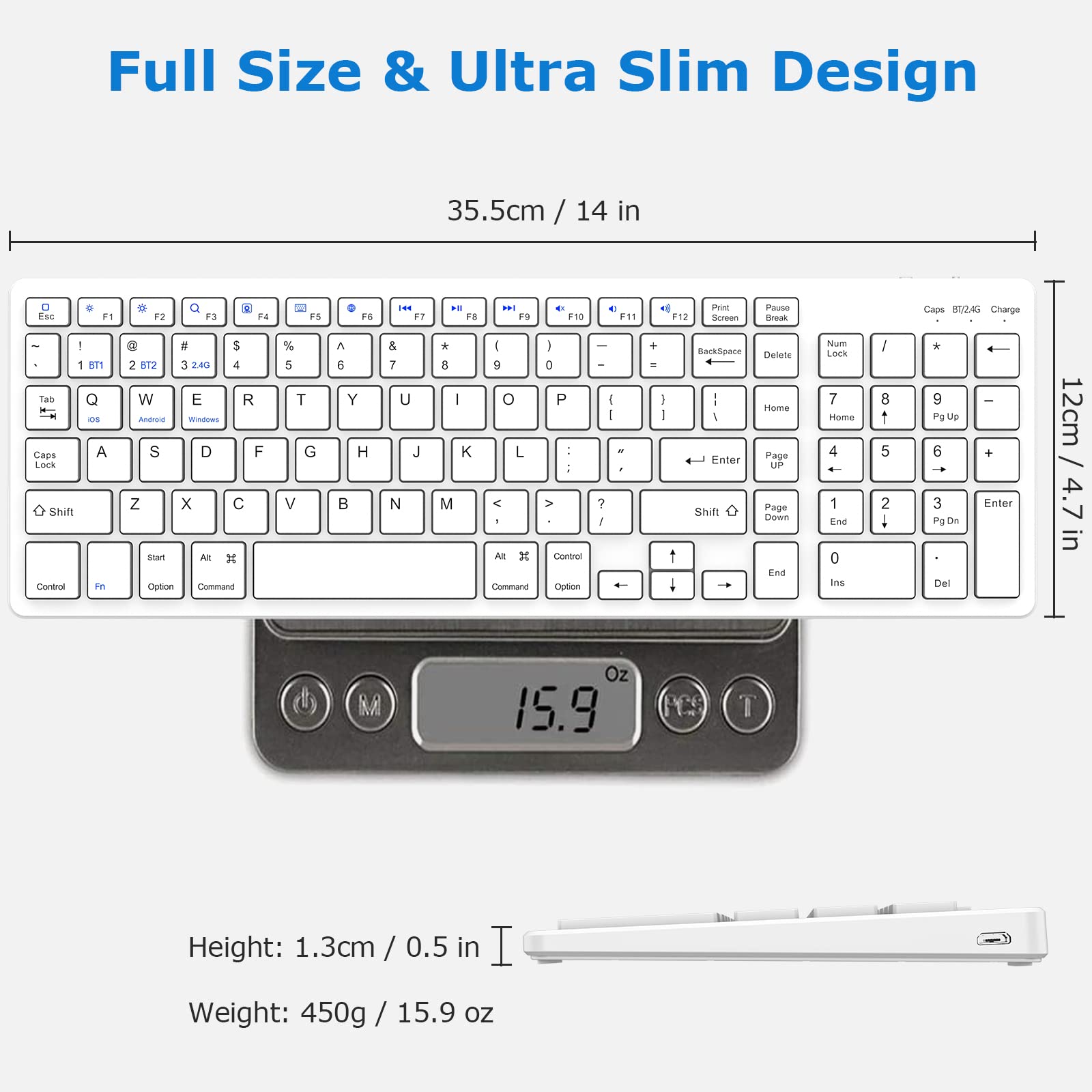Wireless Bluetooth Keyboard with Number Pad - Full-Size Quiet Computer Keyboard for iPad 10.2 (9th/8th/7th Gen), iPad Air 5th/4th Gen, iPad Pro 11/12.9, iPad 10.5/9.7 & iPad Mini - 2.4G Wireless & Bluetooth Dual Mode - White | Perfect for Office, Home & Travel Use