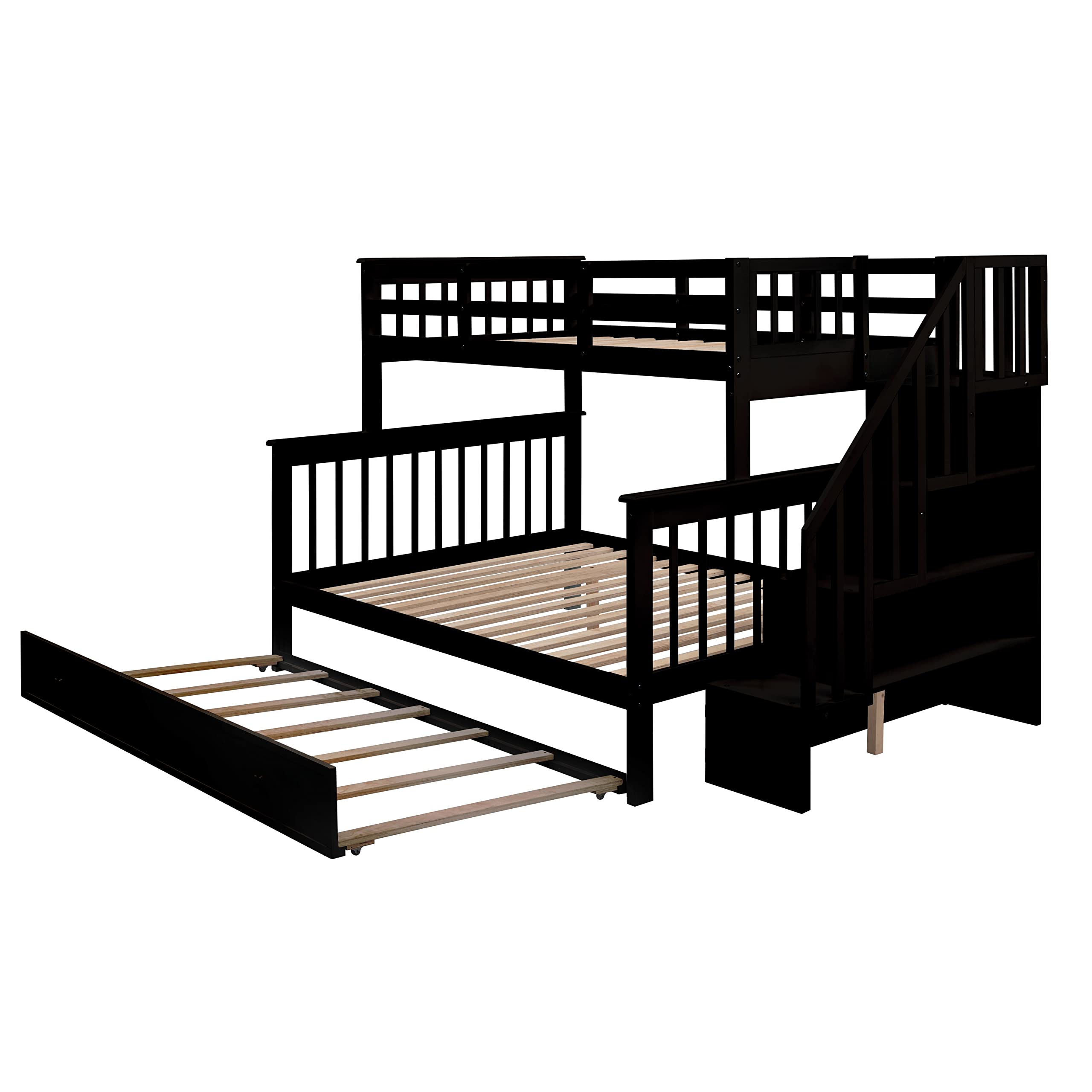 Twin Over Full Bunk Bed with Trundle & Storage Stairs - Solid Wood Loft Bed with Guard Rail & Shelves for Adults - Space Saving Bedroom, Dorm, Kids Room Furniture (Espresso Finish) - Perfect for Small Spaces, Guest Rooms & Shared Bedrooms