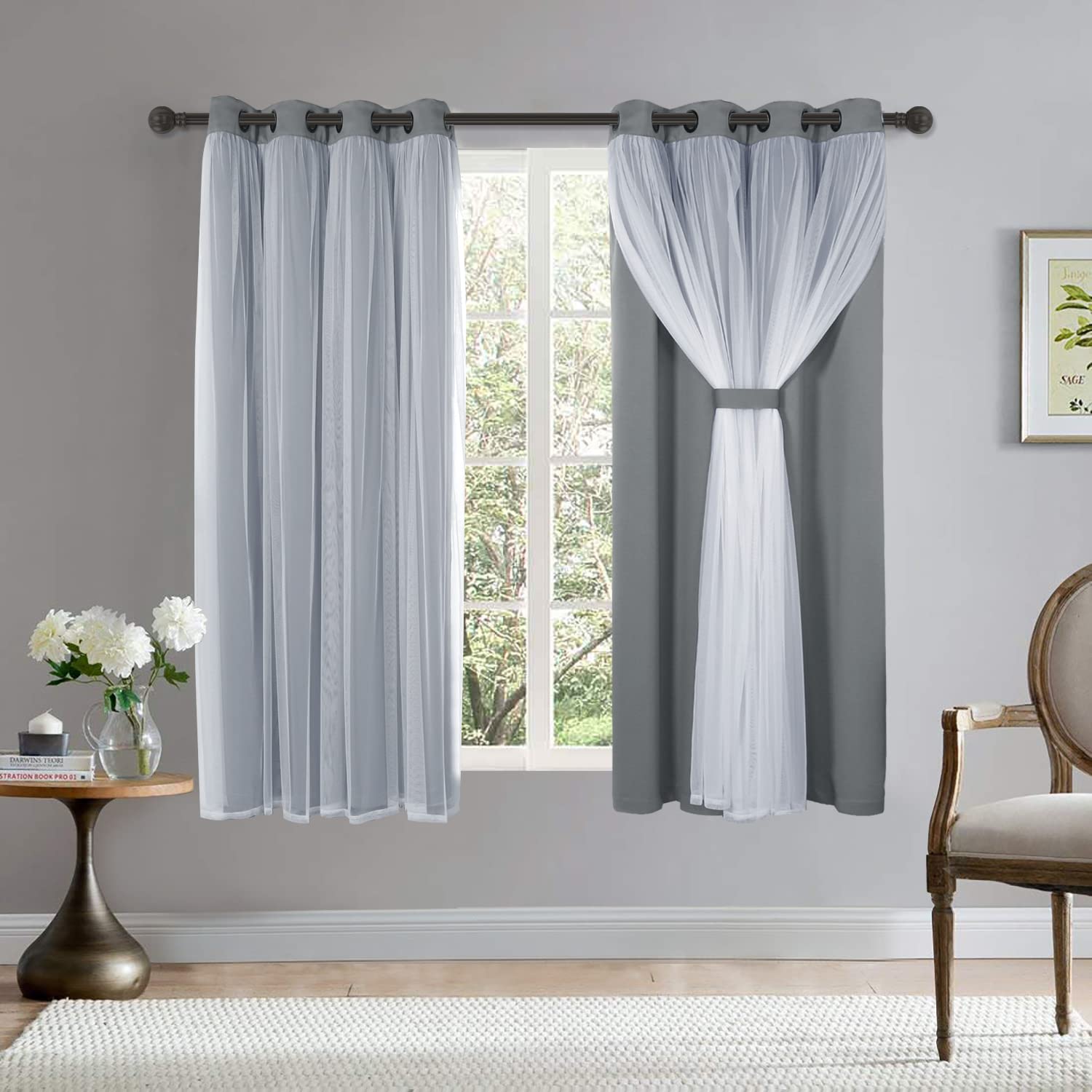 BONZER White Sheer Tulle Overlay Blackout Curtains with Grommet Top - 52x63 Inch Set of 2 Panels - Light Filtering & Room Darkening for Bedroom, Living Room & Nursery - Cloud Grey