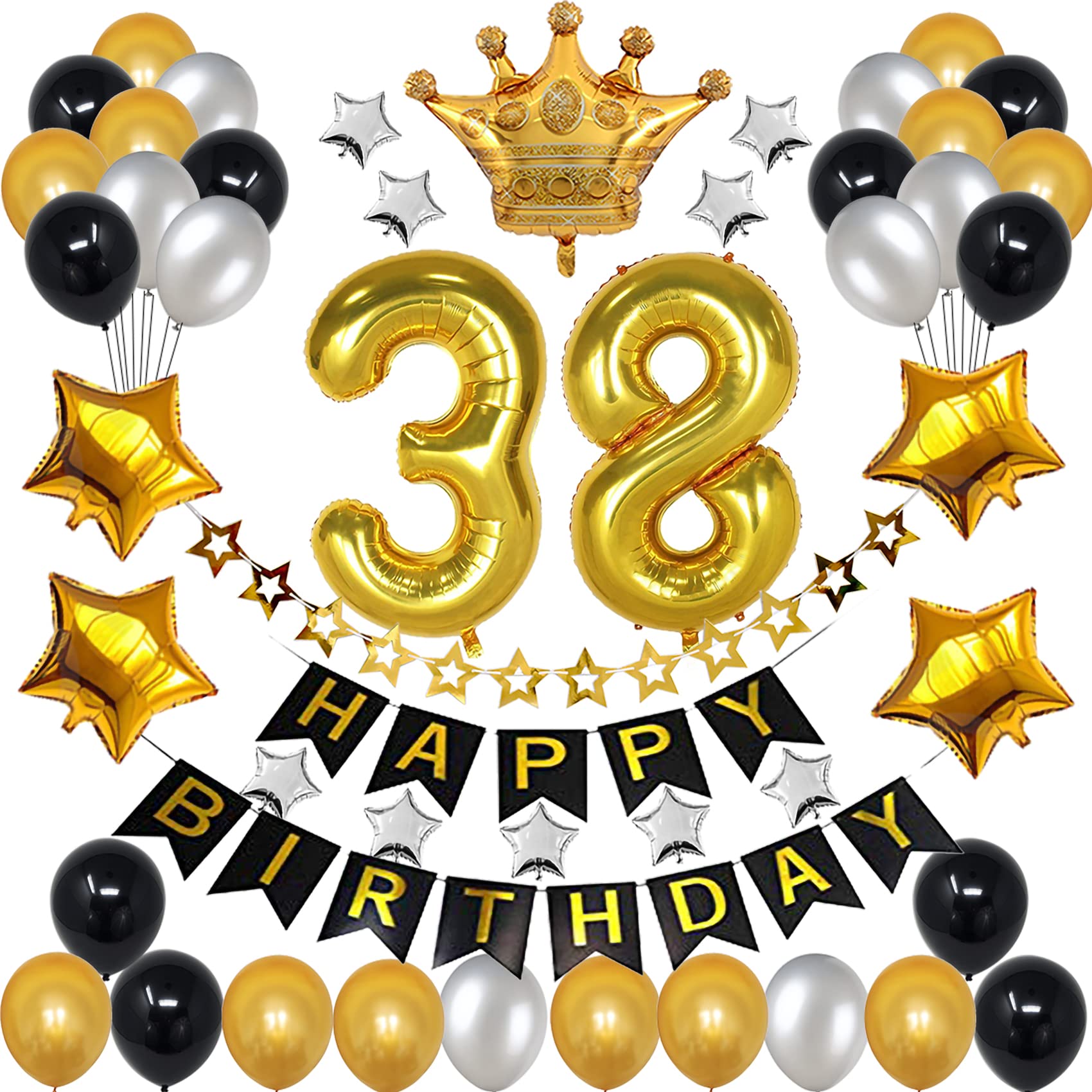 Black and Gold 38th Birthday Decorations Set - 38 Number Balloon, Happy Birthday Banner & Party Supplies for Men & Women | Perfect for 38-Year-Old Birthday Parties, Anniversaries & Milestone Celebrations