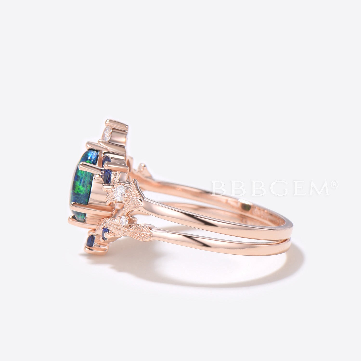 Oval Cut Black Opal Engagement Ring - Nature Inspired Leaf Design Bridal Set for Wedding & Proposal | Perfect for Nature Lovers & Unique Bridal Jewelry