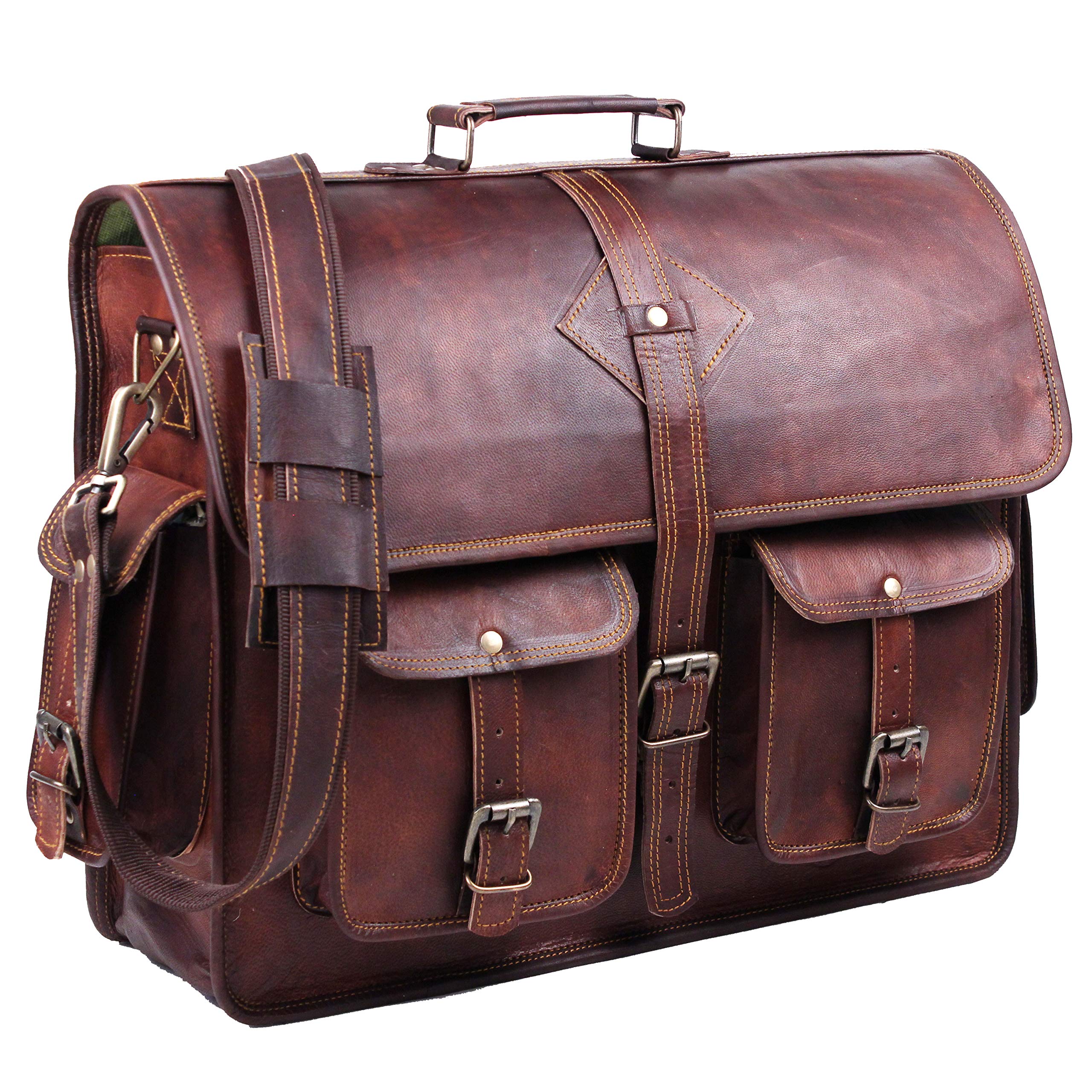 Vintage Full Grain Leather Messenger Bag for Men - 18 Inch Rustic Brown Laptop Briefcase - Durable Business & Travel Laptop Bag for Work, Office & Commuting