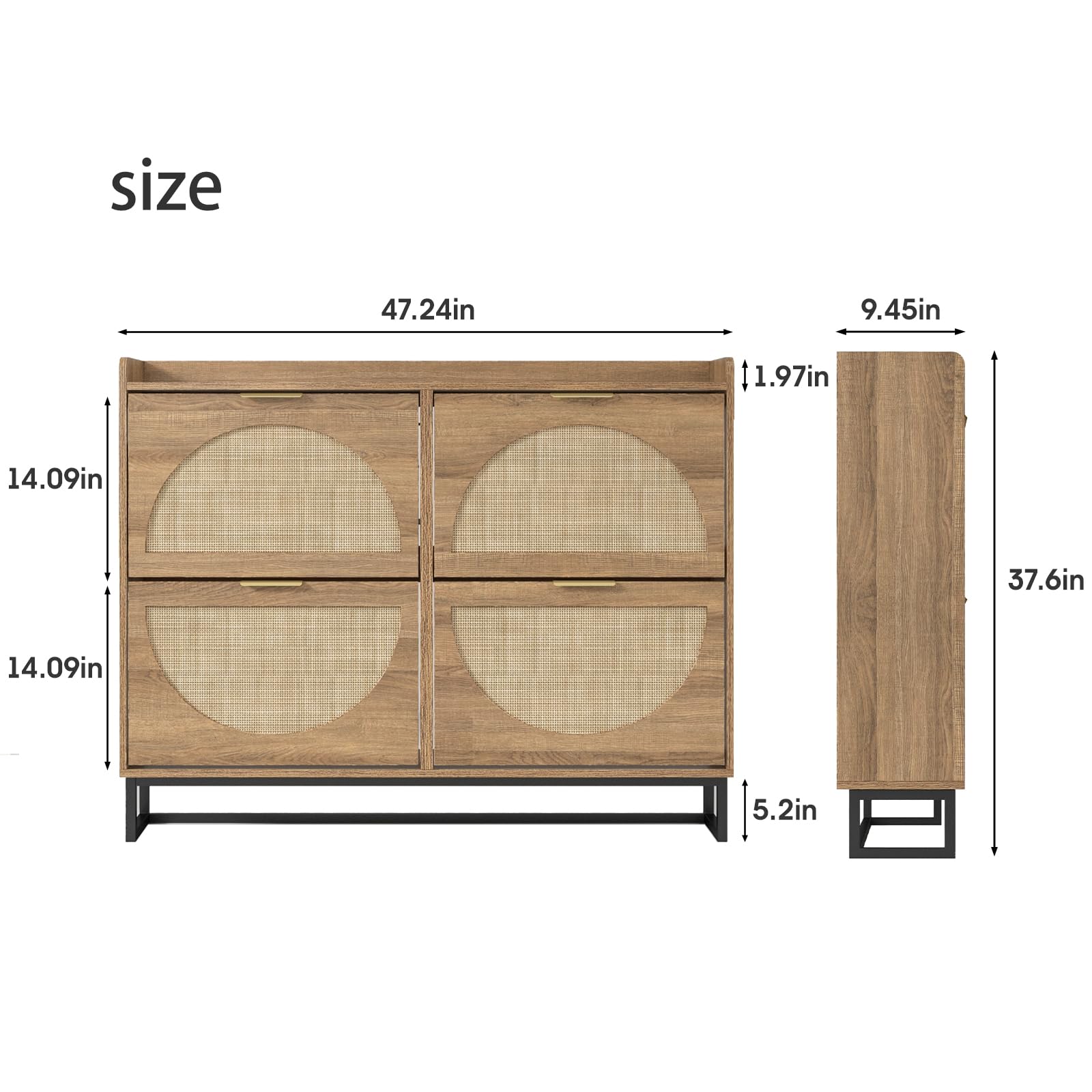 Maupvit 4-Drawer Rattan Shoe Cabinet - Freestanding Shoe Organizer with Metal Legs for Entryway Storage