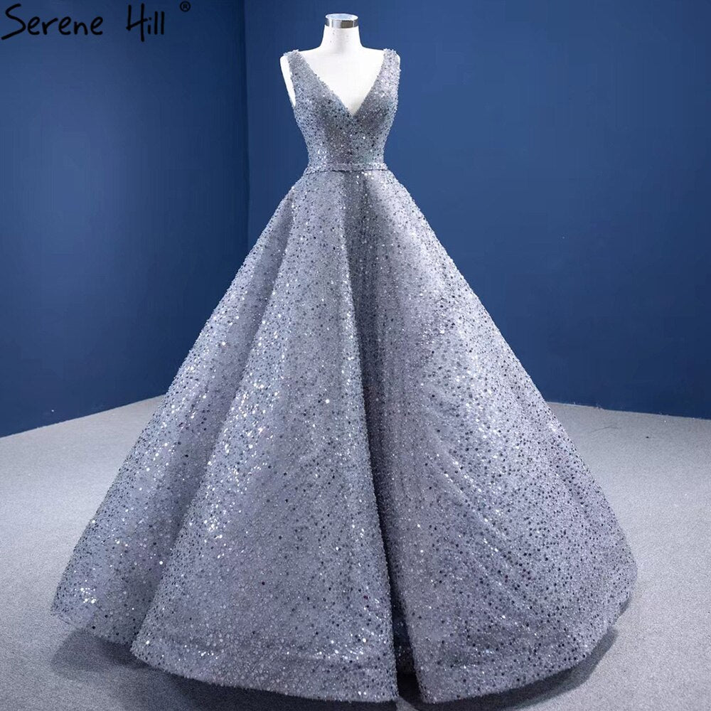 Elegant Grey A-Line Evening Gown with Beaded Sleeveless Design & Lace-Up Back - Luxury Women's Party Dress for Prom, Gala & Formal Events - Serene Hill Collection HM67288