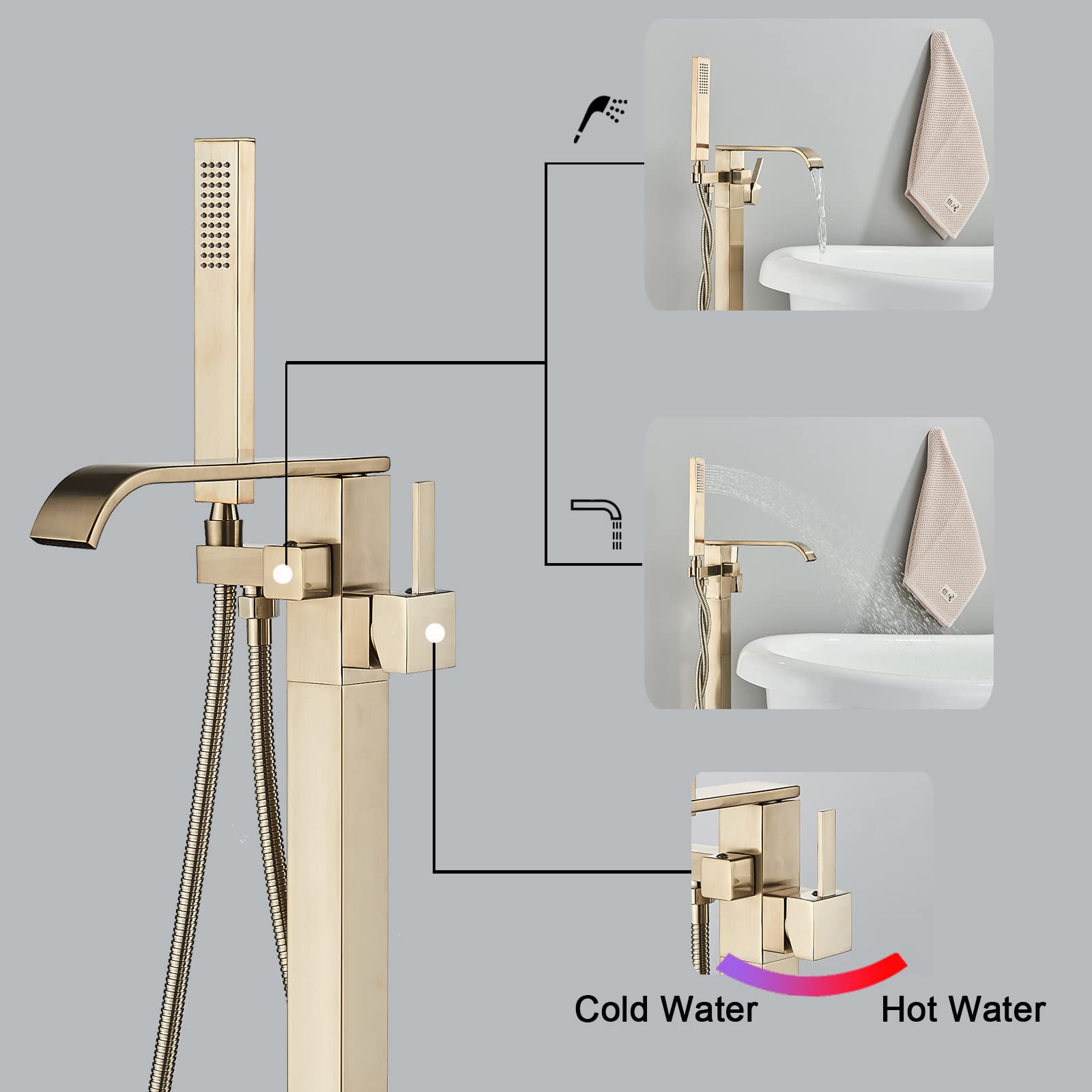 Freestanding Bathtub Faucet - Brushed Gold Floor Mount Waterfall Tub Filler with Hand Shower | High Flow Solid Brass 360° Swivel Standing Mixer Tap for Modern Bathroom | Perfect for Spa-Like Relaxation and Luxury Bathing Experience