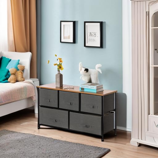Basicwise Charcoal Gray 5-Drawer Fabric Storage Unit with Wooden Top - Organizer Tower for Bedroom, Closet & Office (2 Bin Sizes) - Perfect for Clothes, Toys & Home Organization