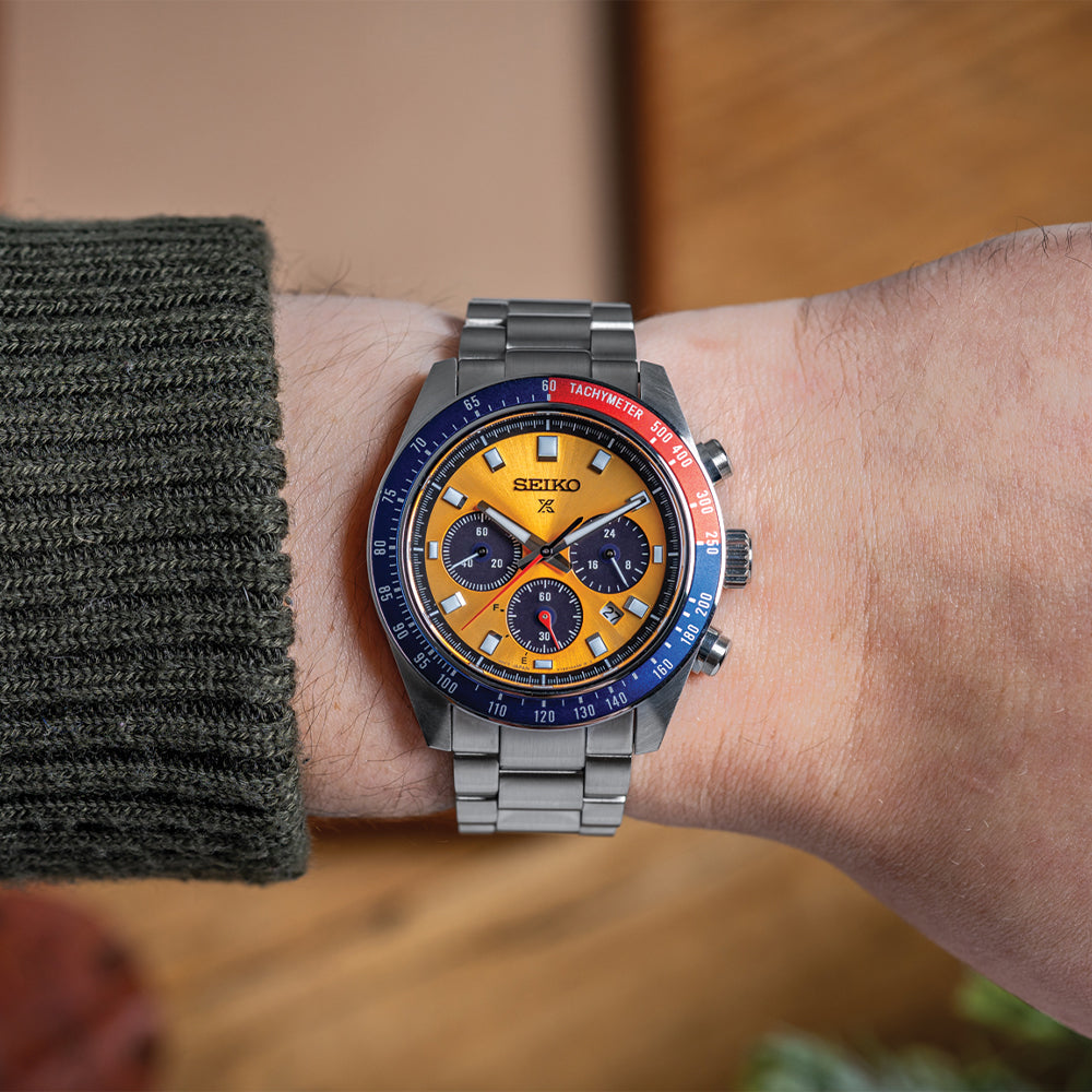 Seiko SSC947 Prospex Speedtimer Chronograph Pogue Watch - 41.4mm Yellow Dial with Stainless Steel Bracelet | Automatic Solar-Powered Sports Chronograph for Men | Perfect for Racing, Diving & Outdoor Adventures