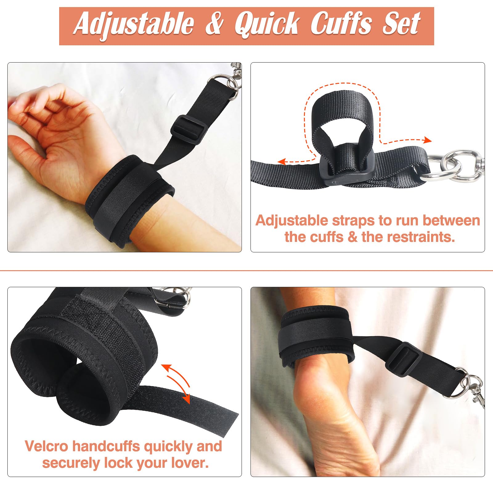 Premium BDSM Bondage Kit for Couples - Adjustable Bed Restraints Set with Handcuffs, Ankle Cuffs, Blindfold & Tickler | Strong Sex Straps Fit Thick Mattresses | Perfect for Spicing Up Your Bedroom, Role Play & Adult Games