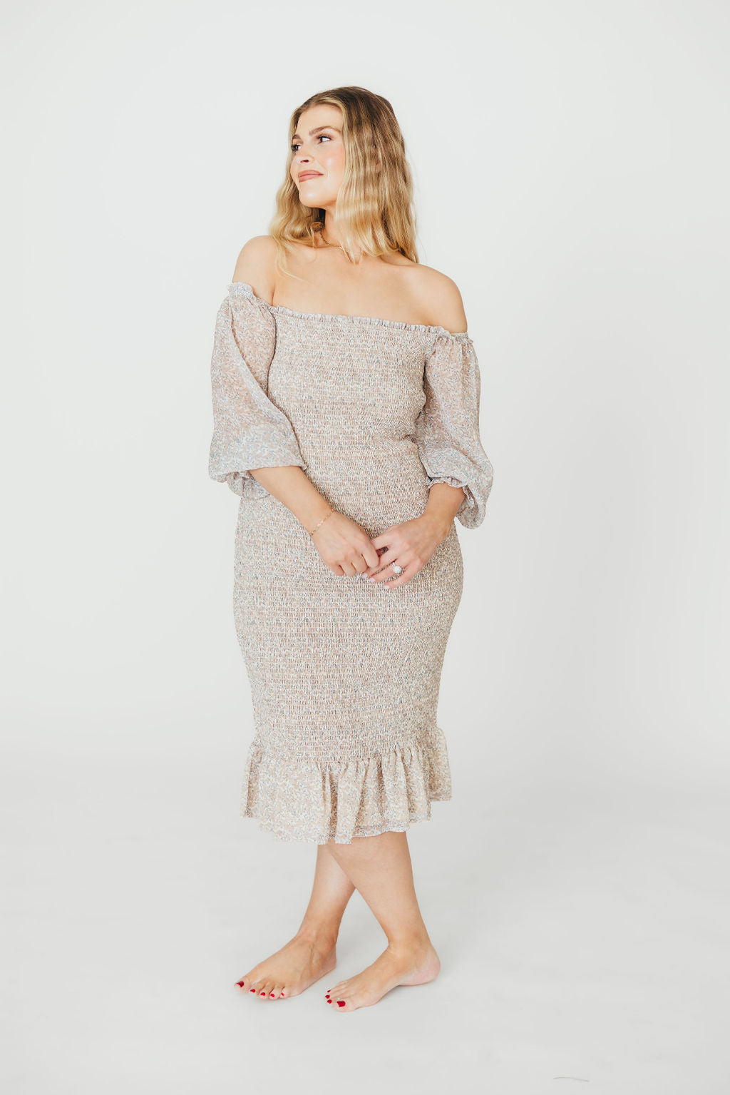 Stylish Cameron Stretchy Midi Dress with Ruffles - Beige & Blue Floral Print | Perfect for Casual Outings, Date Nights & Summer Vacations