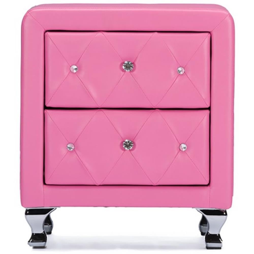 BOWERY HILL Modern 2-Drawer Faux Leather Crystal Tufted Nightstand - Stylish Bedside Table for Bedroom Decor & Small Space Storage