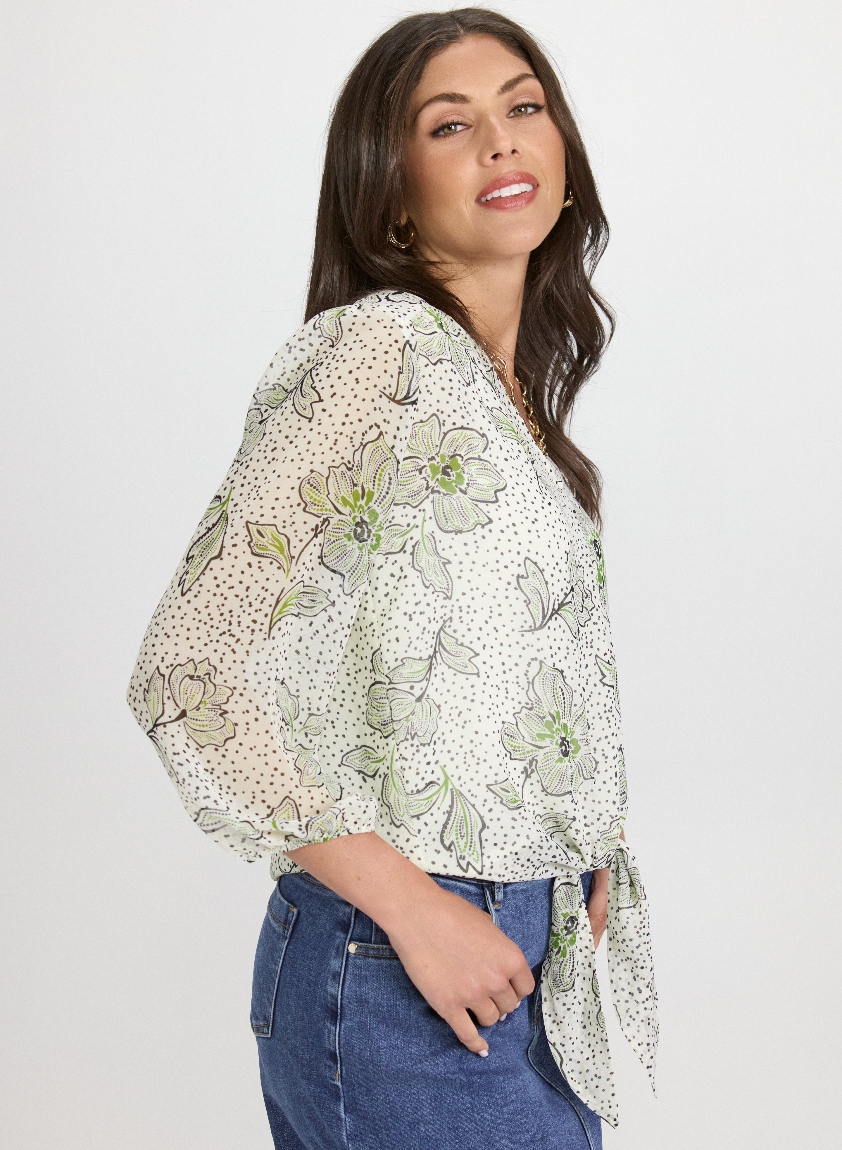 Floral Print Tied Hem Blouse for Women - Elegant Summer Tops for Casual Outings & Office Wear