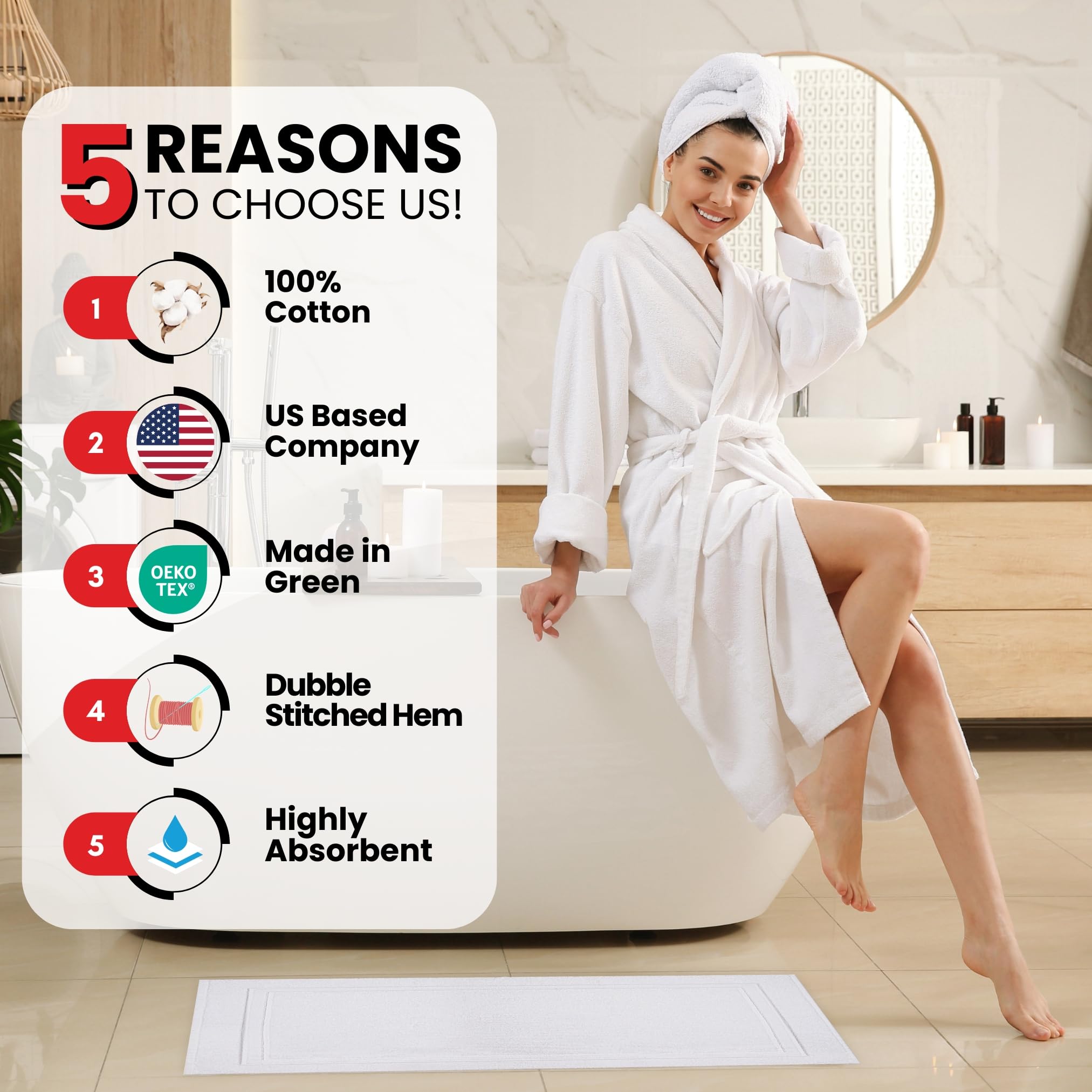 Luxury Cotton Bath Mats 2-Pack, 34x22 Inches - Super Absorbent Bathroom Towel Mats, Soft Floor Towels for Bath & Shower (Brilliant White) | Perfect for Spa-Like Bathroom Experience & Guest Bathrooms