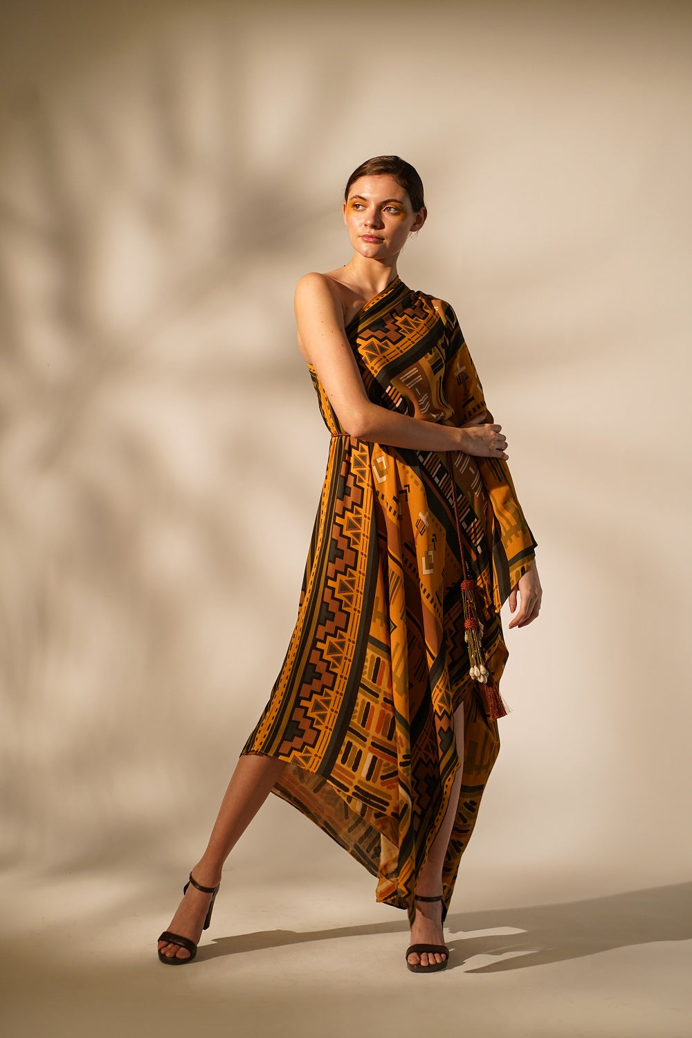Mustard Aztec Print One Shoulder Dress for Women - Boho Chic Summer Party Outfit - Perfect for Beach Vacations, Music Festivals & Date Nights