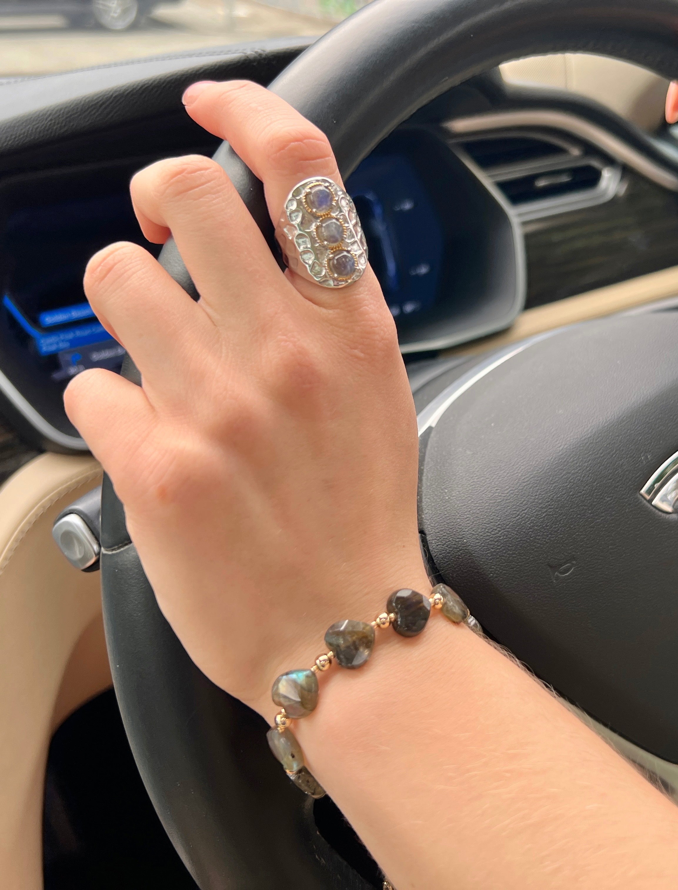 Labradorite Stone Nugget Platinum Plated Brass Ring for Women - Elegant Handmade Jewelry Gift for Birthday, Anniversary & Special Occasions