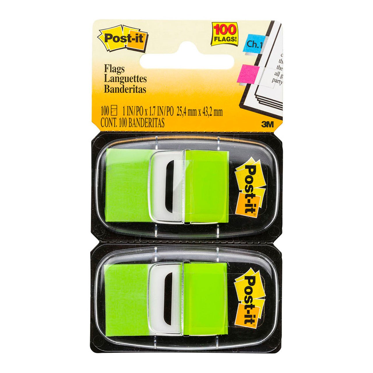 3M Sticky Post It Flags - Bright Green, 25 x 43mm, Twin Pack (680 BG2) - Perfect for Office Organization, Book Marking & Document Highlighting