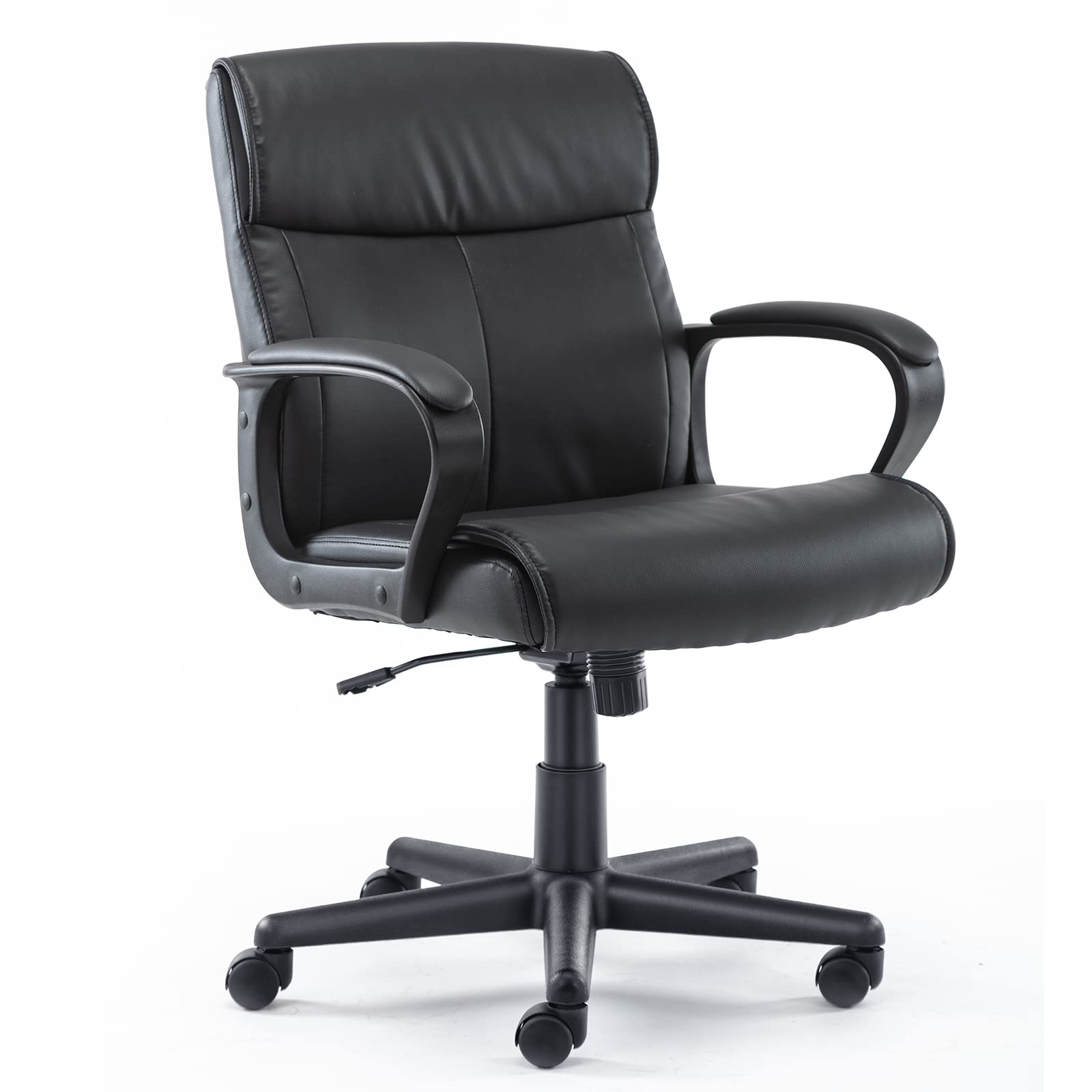OLIXIS Executive Office Chair - Ergonomic Mid Back Lumbar Support, Adjustable Height & Tilt, PU Leather Swivel Rolling Chair with Padded Armrests - Modern Black for Home Office, Conference Room & Workspace