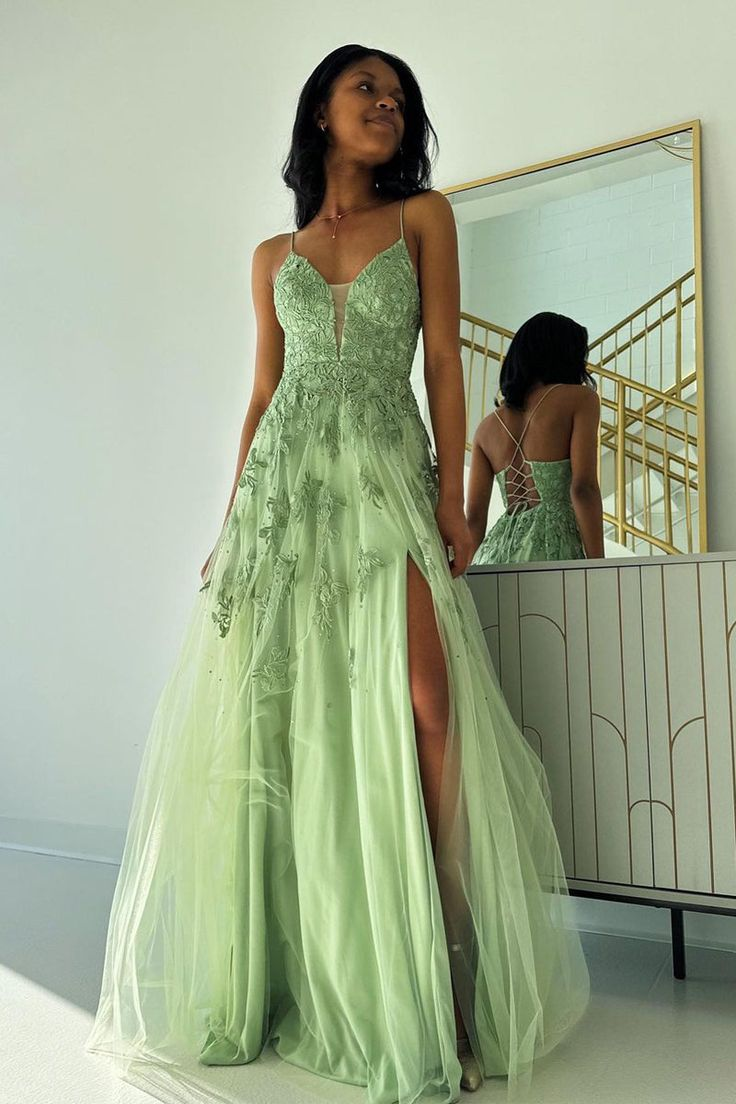 Elegant Green Spaghetti Strap A-Line Long Tulle Prom Dress 2280 | Formal Evening Gown for Homecoming, Quinceañera & Special Occasions