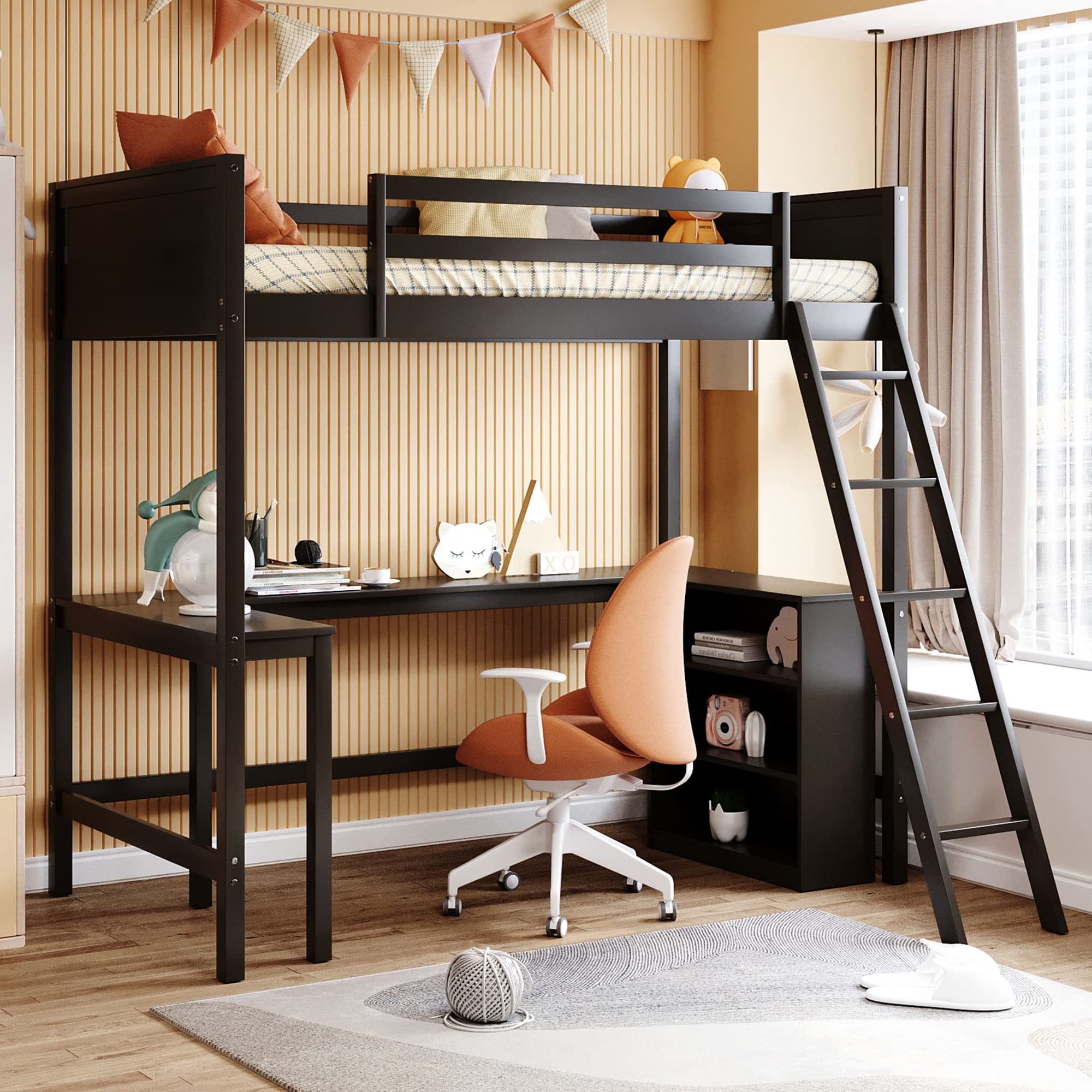 P PURLOVE Twin Size Wooden Loft Bed with Long Desk & Shelves - Space-Saving Kids & Teens Bed for Small Bedrooms, Dorms & Apartments - Perfect Study & Sleep Solution for Compact Living Spaces