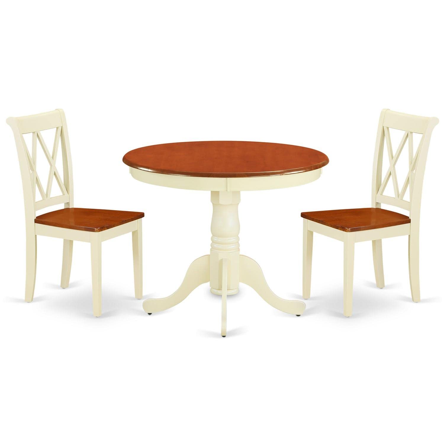 East West Furniture ANCL3-BMK-W 3-Piece Round Dining Table Set with Pedestal Base & 2 Chairs, 36x36 Inches, Buttermilk & Cherry - Perfect for Small Spaces, Apartments, Breakfast Nooks & Cozy Kitchens
