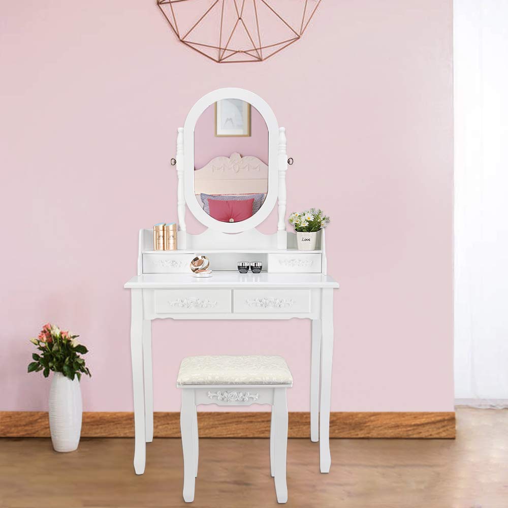 Bonnlo Modern White Vanity Set with 4 Drawers & Jewelry Organizer - Makeup Dressing Table with Cushioned Stool for Bedroom, Bathroom or Dorm Room | Perfect for Cosmetics Storage & Beauty Routine