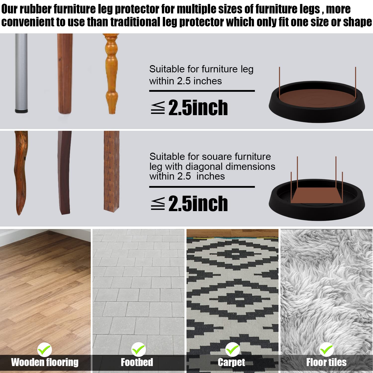 8Pcs 2.5 Inch Non-Slip Round Rubber Furniture Coasters - Piano Leg Pads & Caster Cups for Hardwood Floor Protection (Black) | Perfect for Chairs, Tables, Sofas to Prevent Scratches & Noise