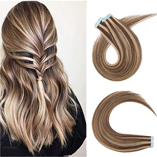 20pcs 50g Tape in Hair Extensions - 100% Remy Human Hair, Balayage Medium Brown with Dark Blonde Highlights, Seamless Straight Double Sided (16 inch #4P27) - Perfect for Daily Wear, Parties & Special Occasions