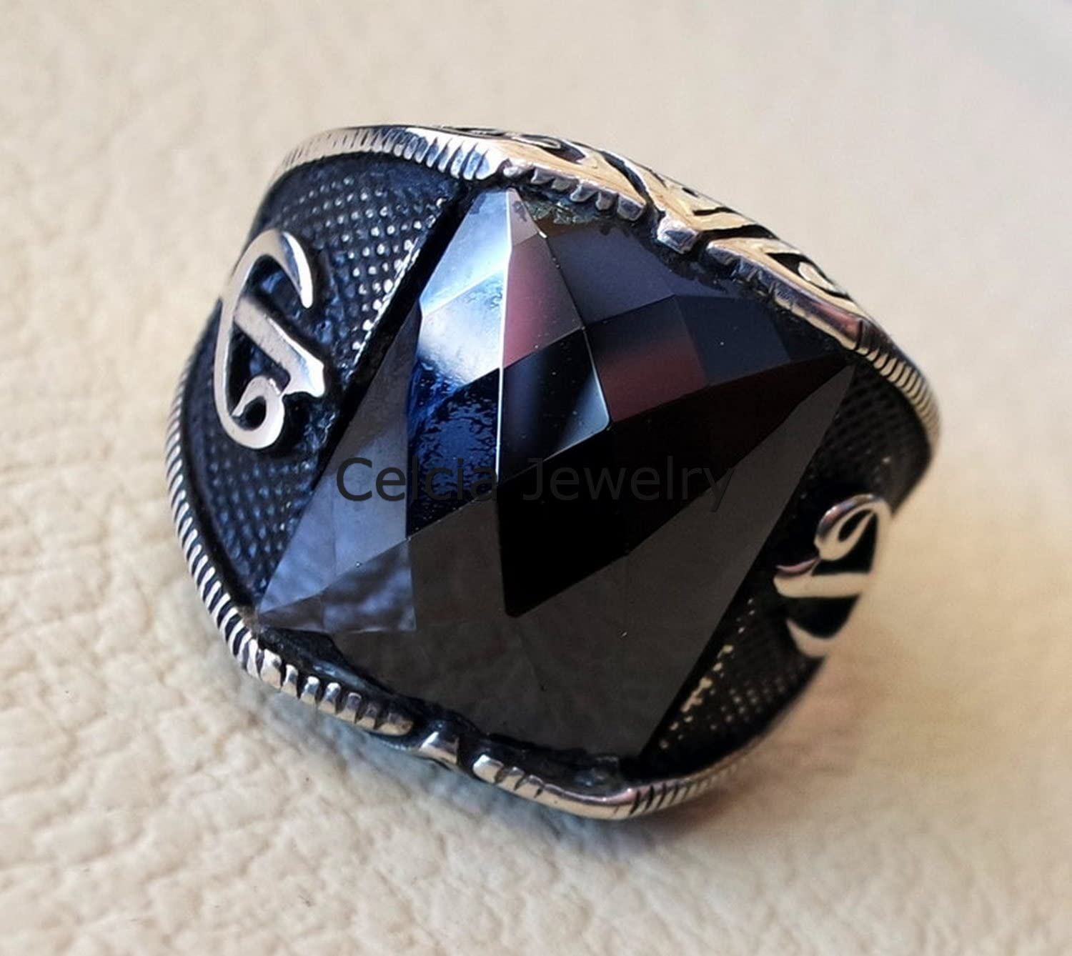 Natural Black Onyx Gemstone Checker Rectangle Ring - 925 Sterling Silver Middle Eastern Oriental Style Signet Statement Ring - Silver Oxidized Jewelry for Men & Women - Perfect for Weddings, Parties & Gifts (Size 8.5)