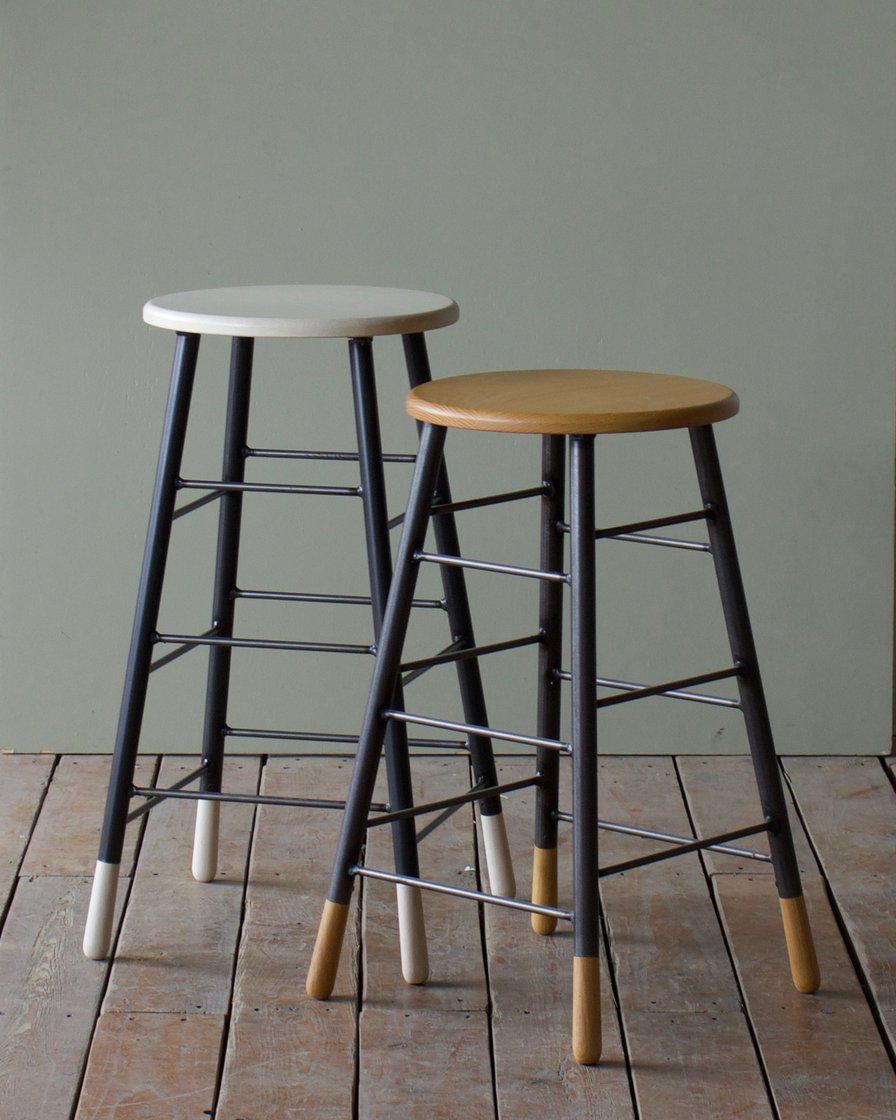 Two Tone Oak Stool with Black Metal Legs - Modern Bar Stool for Kitchen, Dining Room & Home Decor
