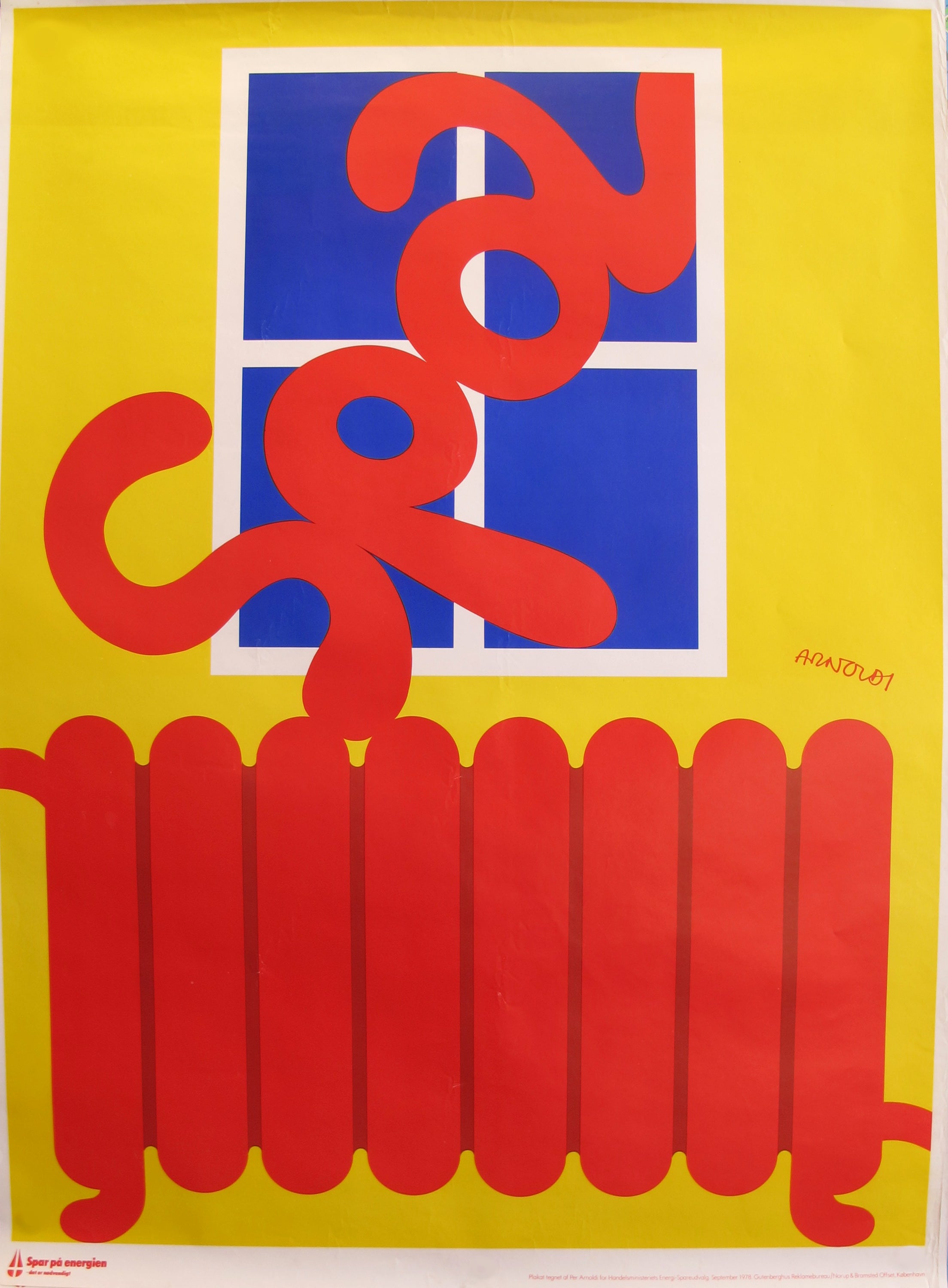 1978 Original Danish Energy Company Poster - 'Spar på Energen' Vintage Red Heater Ad - Perfect for Retro Home Decor & Scandinavian Design Enthusiasts