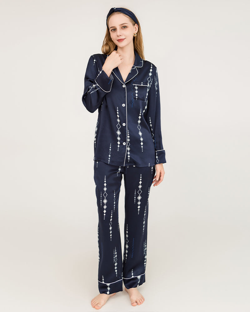 Luxury 19 Momme Navy Blue Silk Pajama Set for Women - Soft & Breathable Sleepwear for Comfortable Nights, Spa Days & Relaxing Evenings