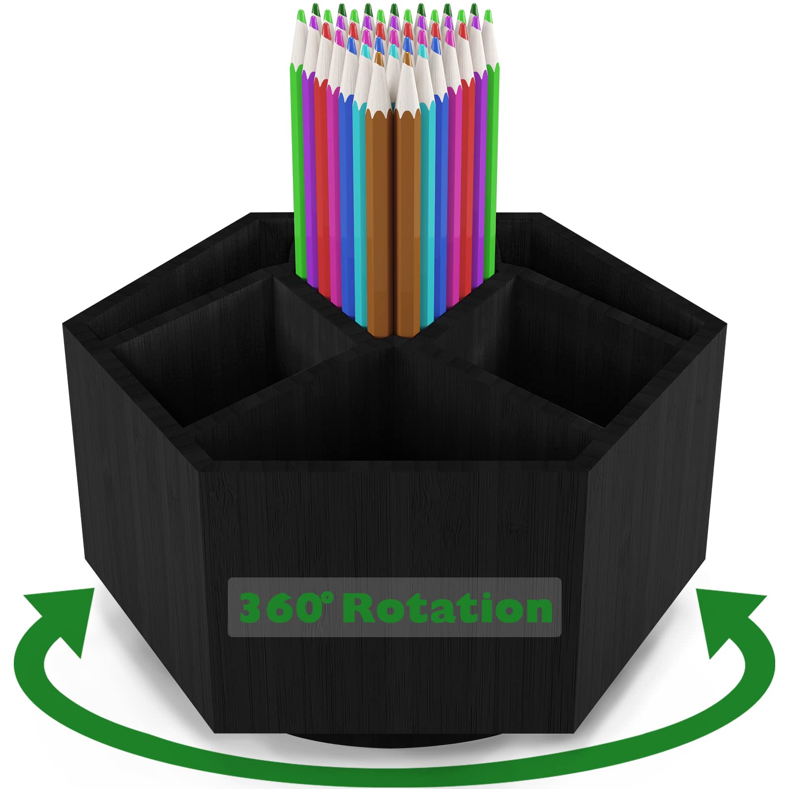 Kids Art Caddy Organizer - 7-Compartment Bamboo Rotating Desk Storage for 325+ Pencils, Markers & Craft Supplies | Perfect for Classroom, Homeschool & Art Studio Organization (Black)